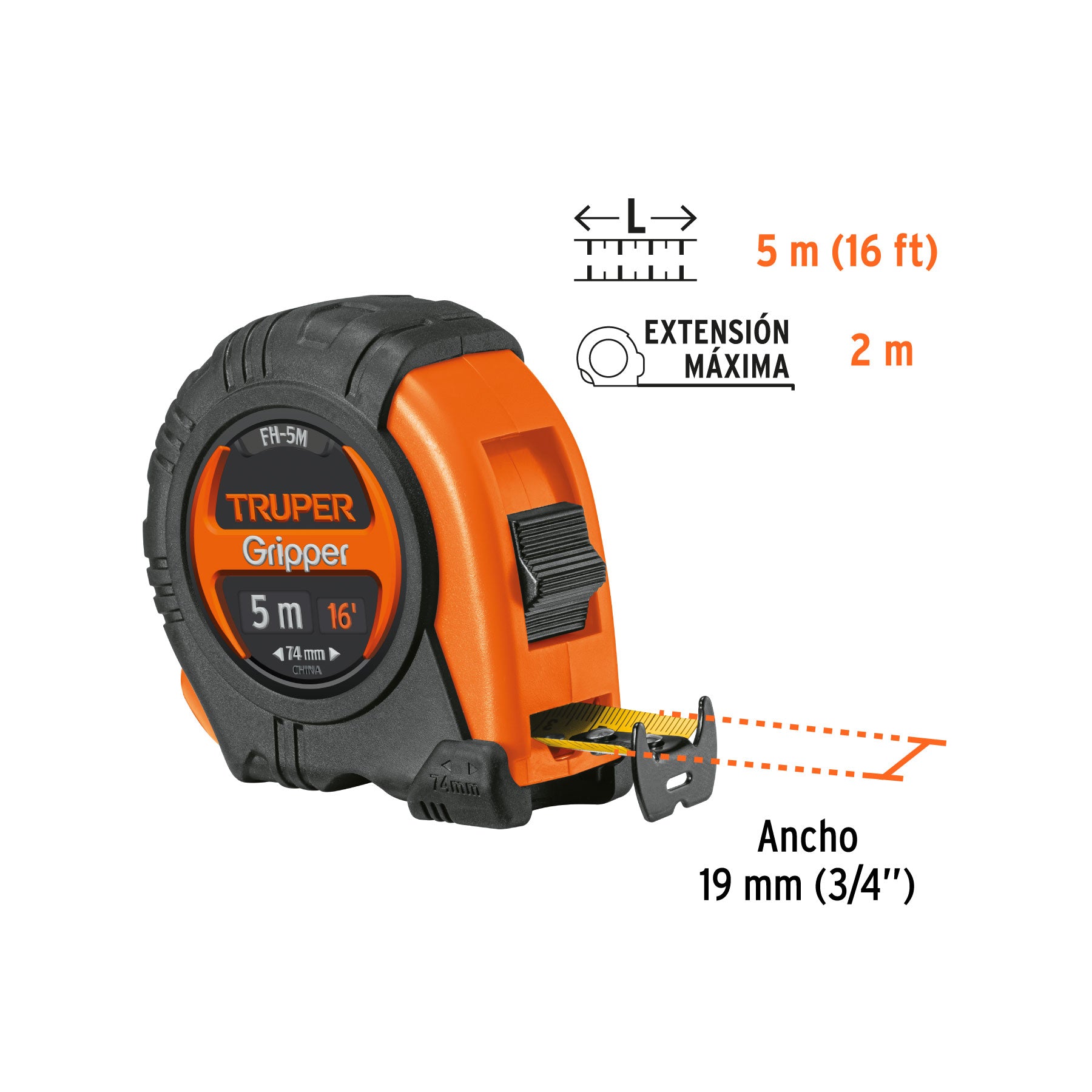 Flexómetro Gripper contra impactos 5 m cinta 19 mm, TRUPER
