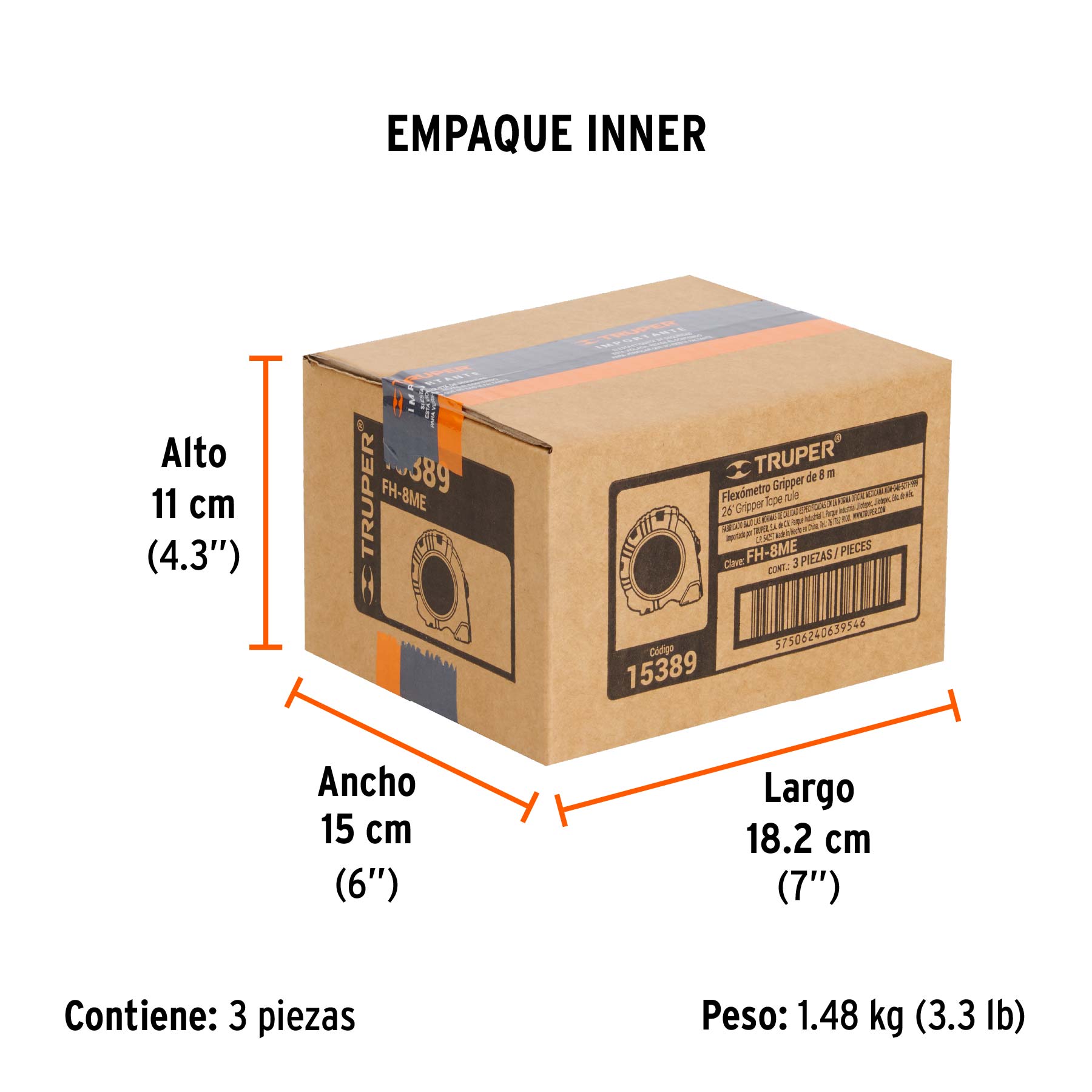 Flexómetro contra impactos 8 m cinta 25 mm grad. métrica - Empaque