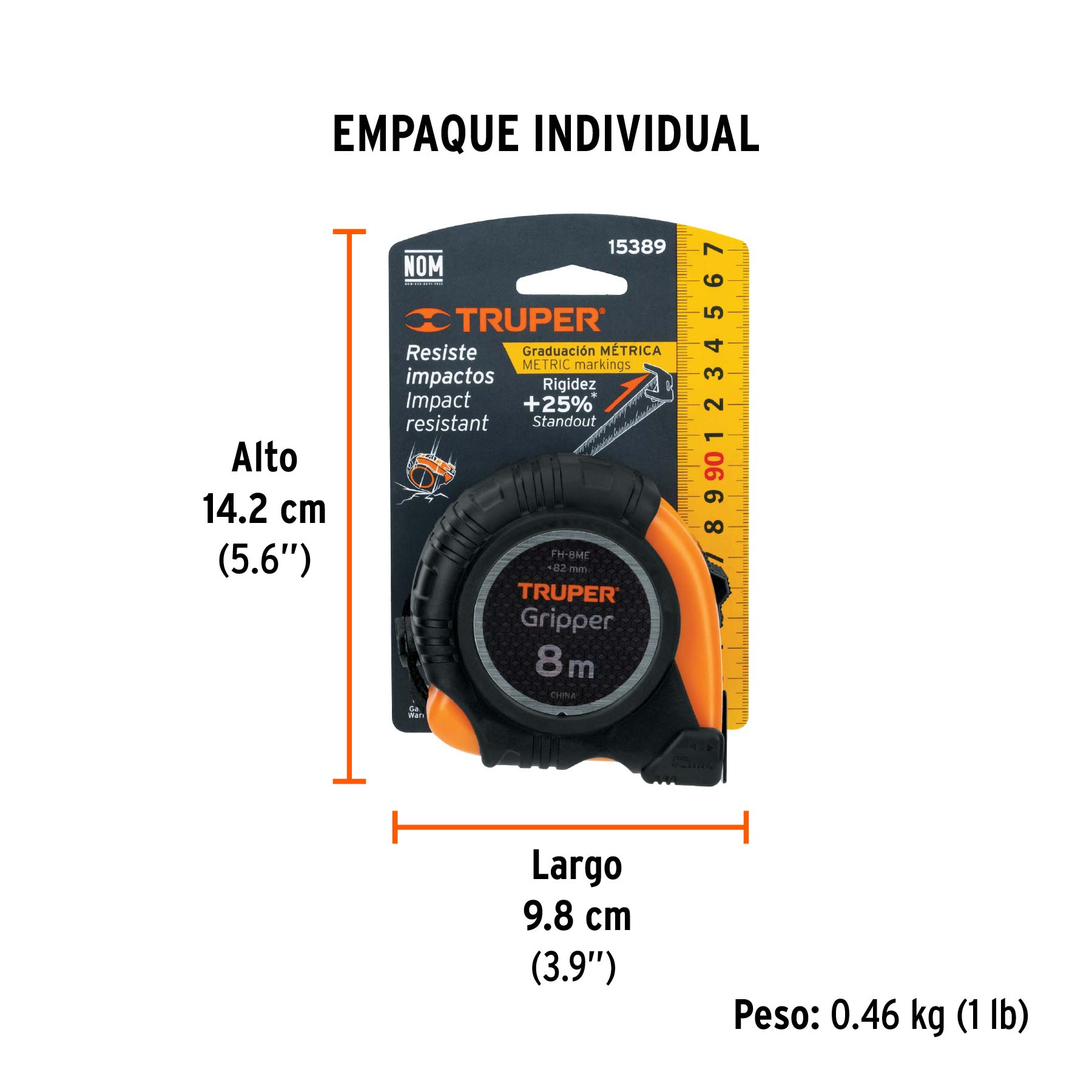 Flexómetro contra impactos 8 m cinta 25 mm grad. métrica - Empaque