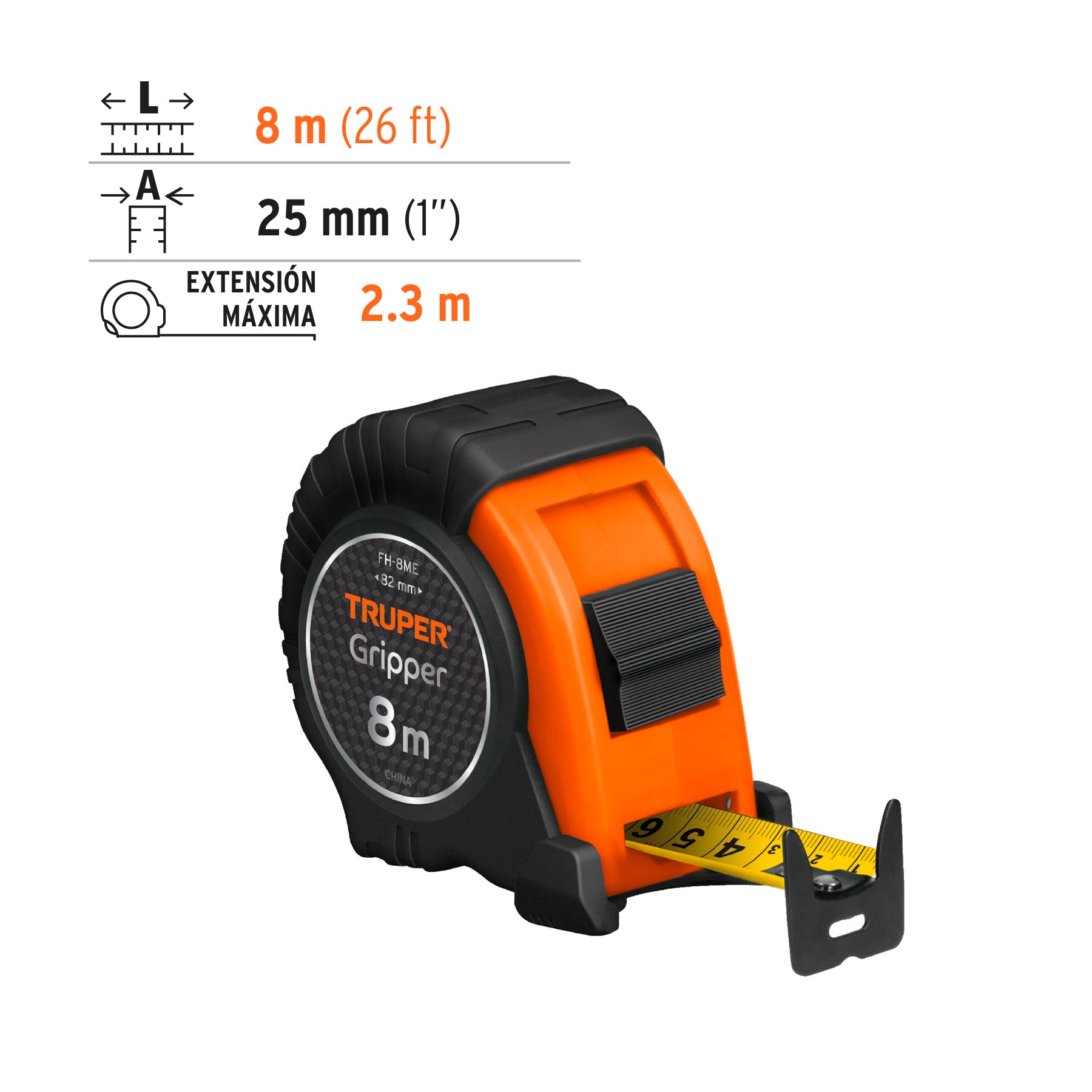 Flexómetro contra impactos 8 m cinta 25 mm grad. métrica