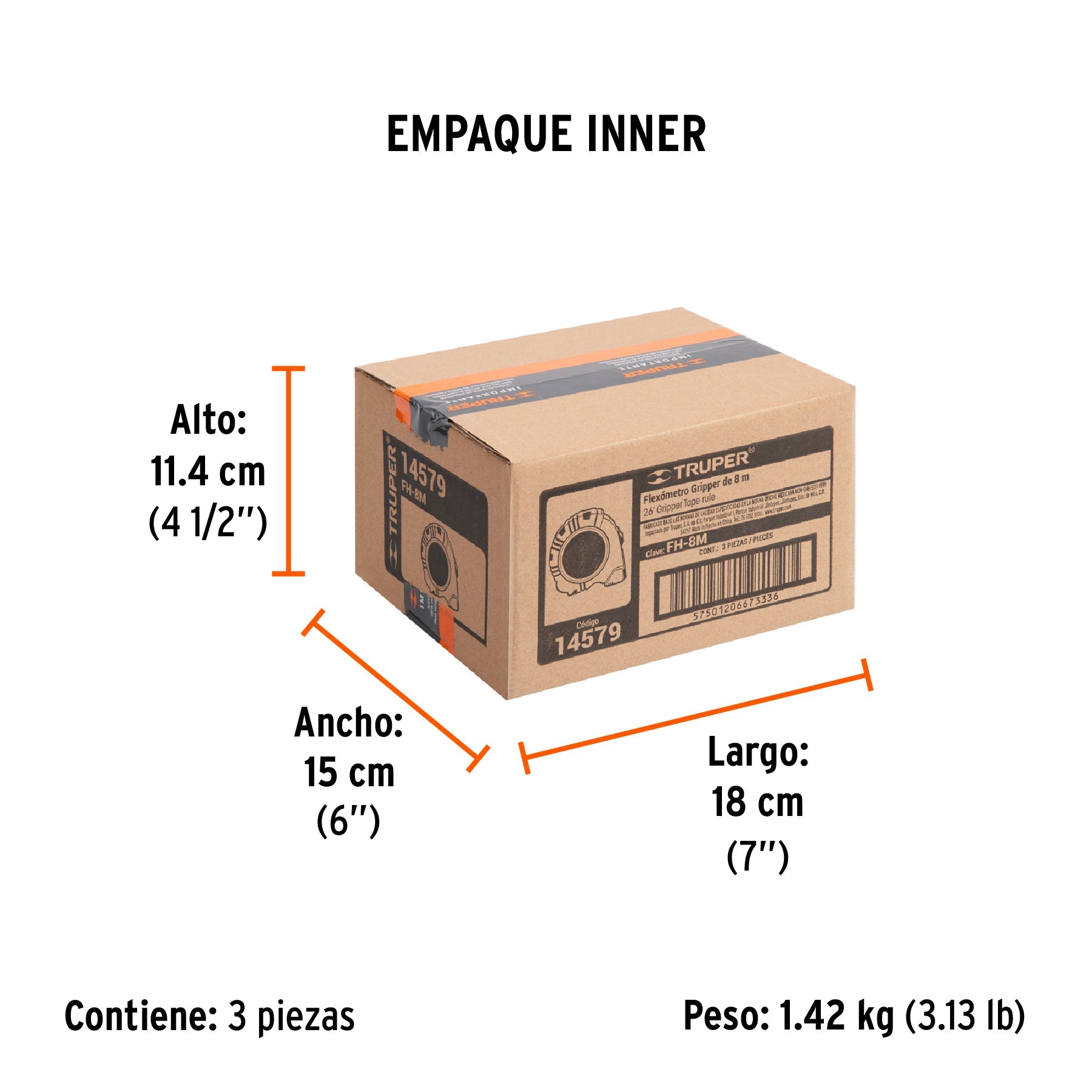 Flexómetro Gripper contra impactos 8 m cinta 25 mm, TRUPER - Empaque