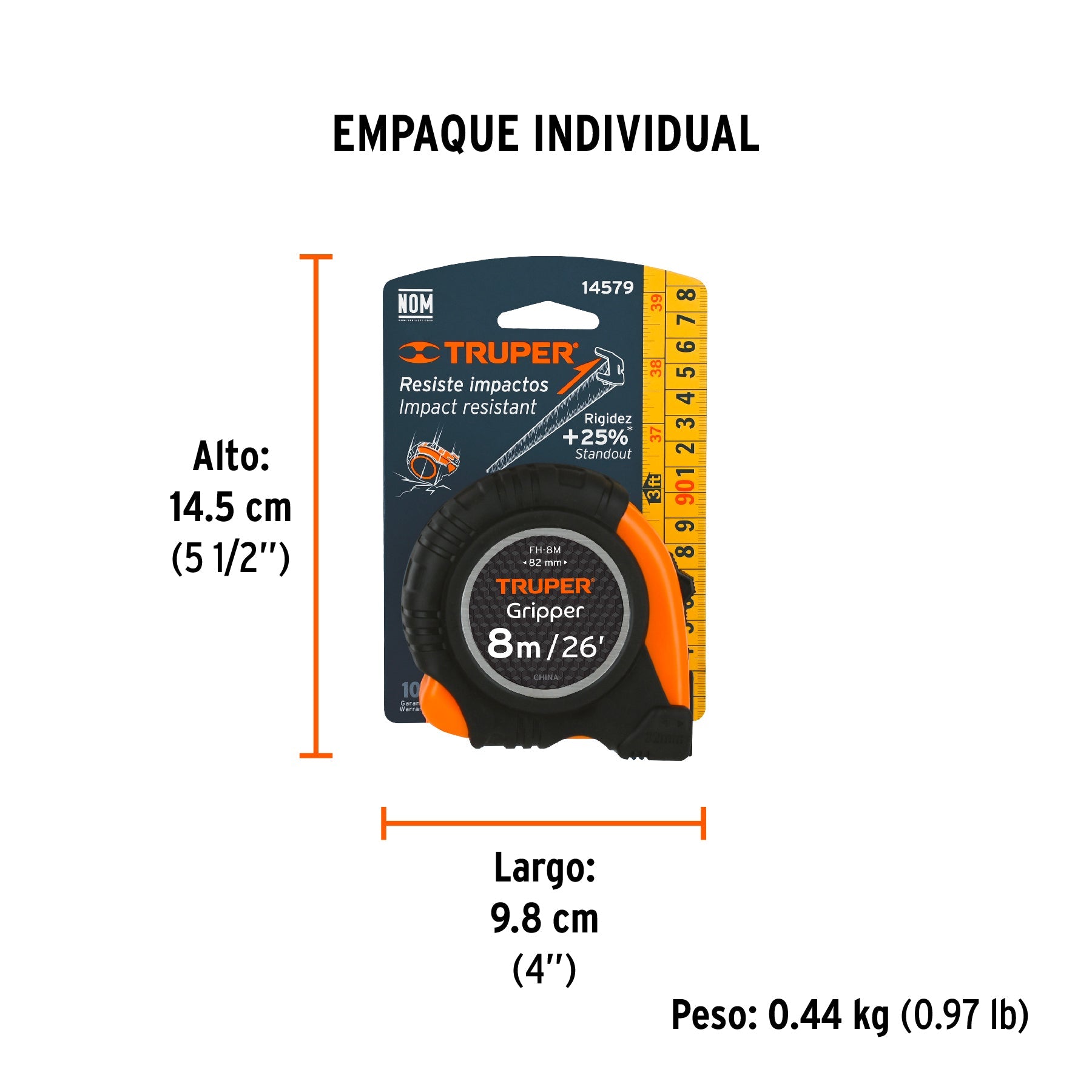 Flexómetro Gripper contra impactos 8 m cinta 25 mm, TRUPER - Empaque