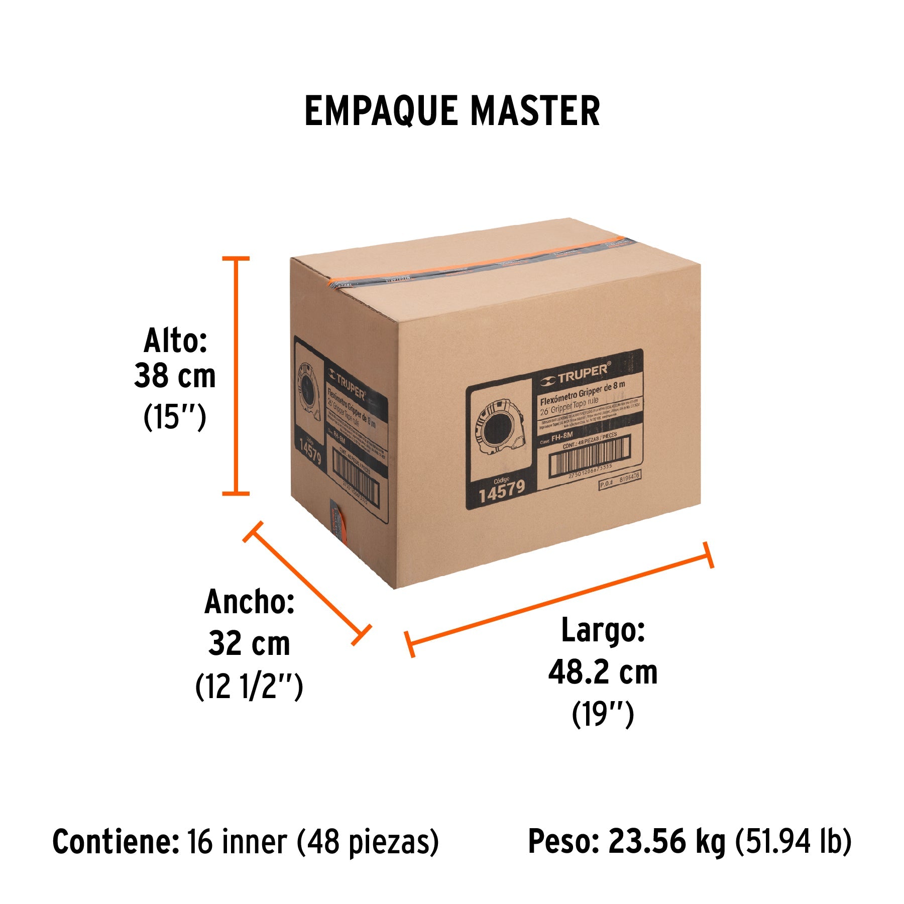 Flexómetro Gripper contra impactos 8 m cinta 25 mm, TRUPER - Empaque