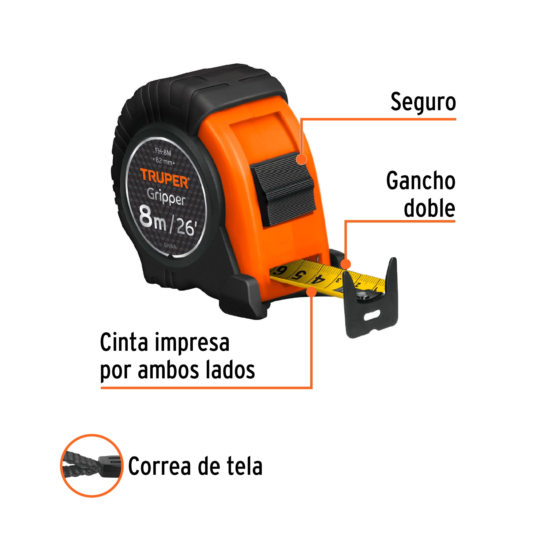 Flexómetro Gripper contra impactos 8 m cinta 25 mm, TRUPER