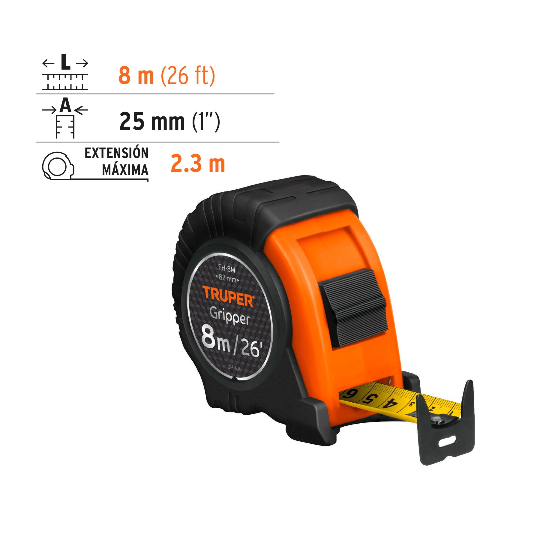 Flexómetro Gripper contra impactos 8 m cinta 25 mm, TRUPER
