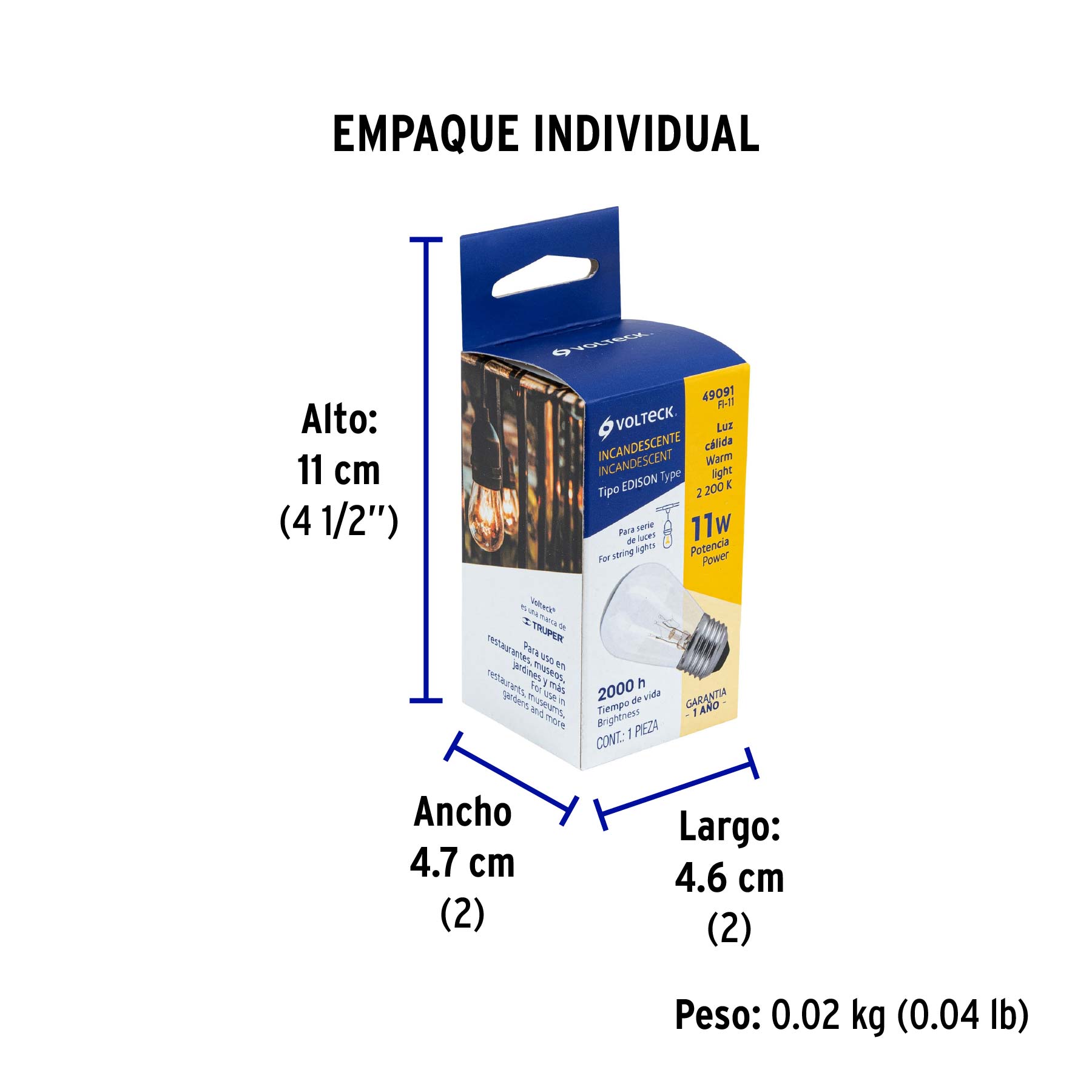 Lámpara incandescente S14 11 W luz cálida, VOLTECK - Empaque