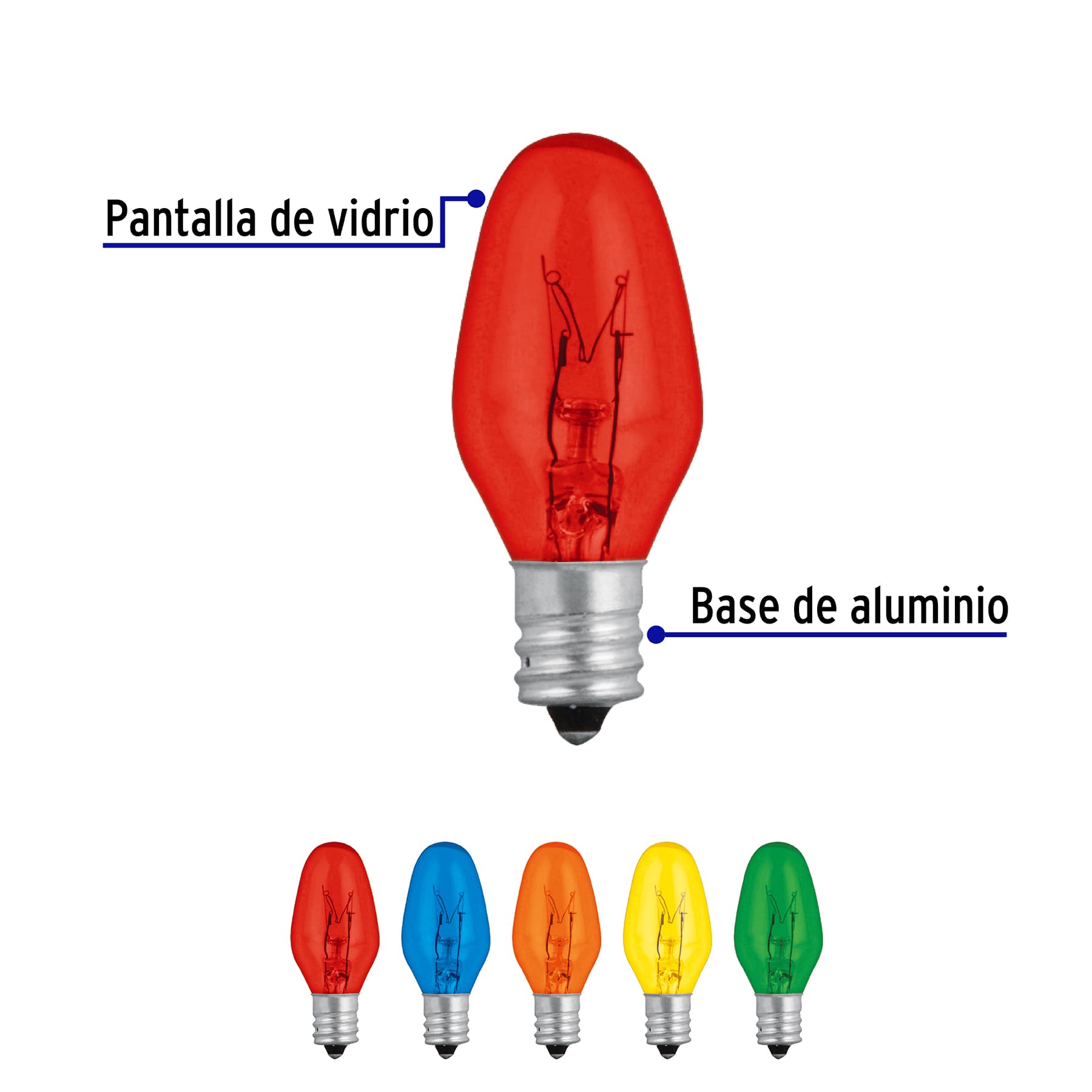 Caja con 50 focos incandescentes de colores base E12 7.5W