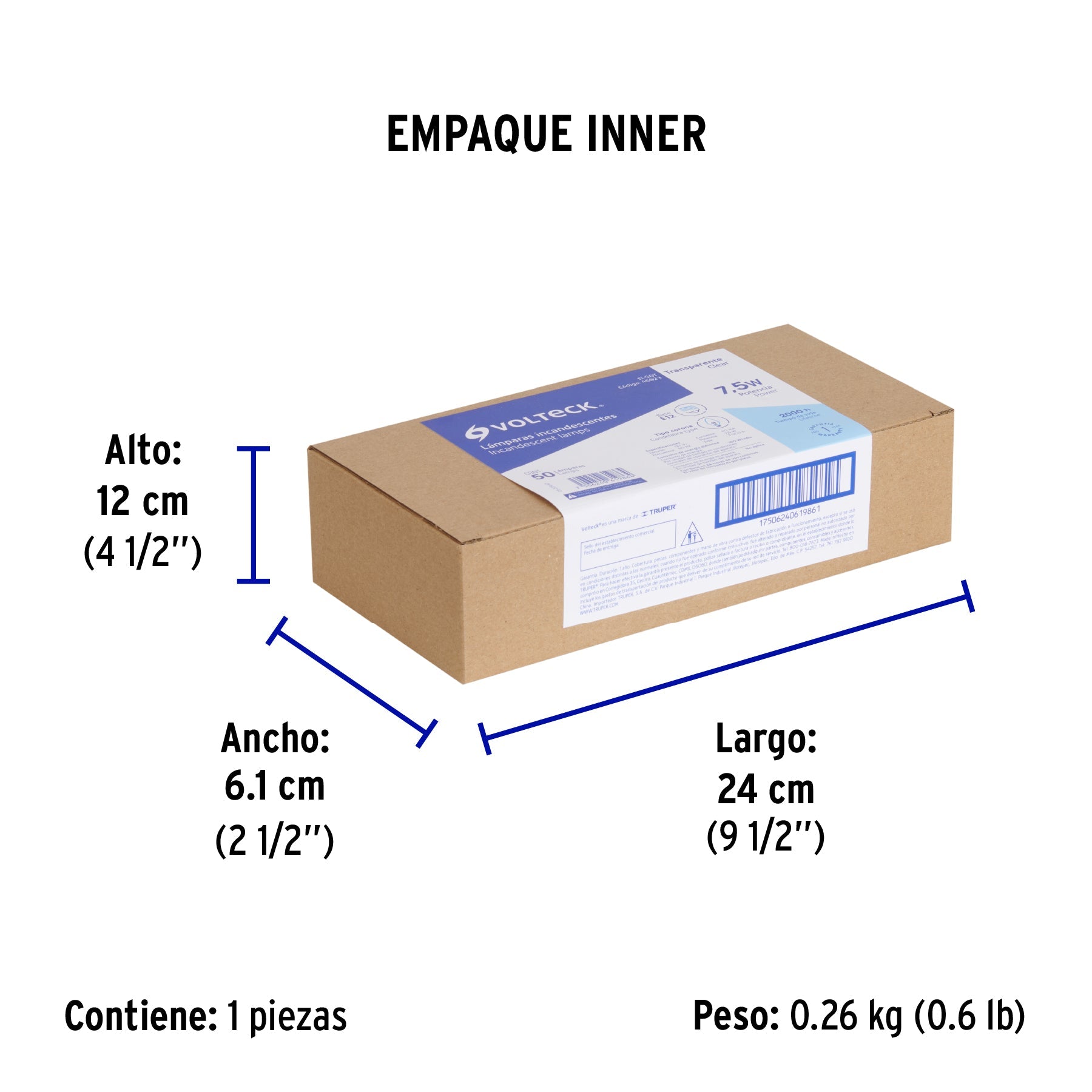 Caja con 50 focos incandescentes transparentes base E12 7.5W - Empaque