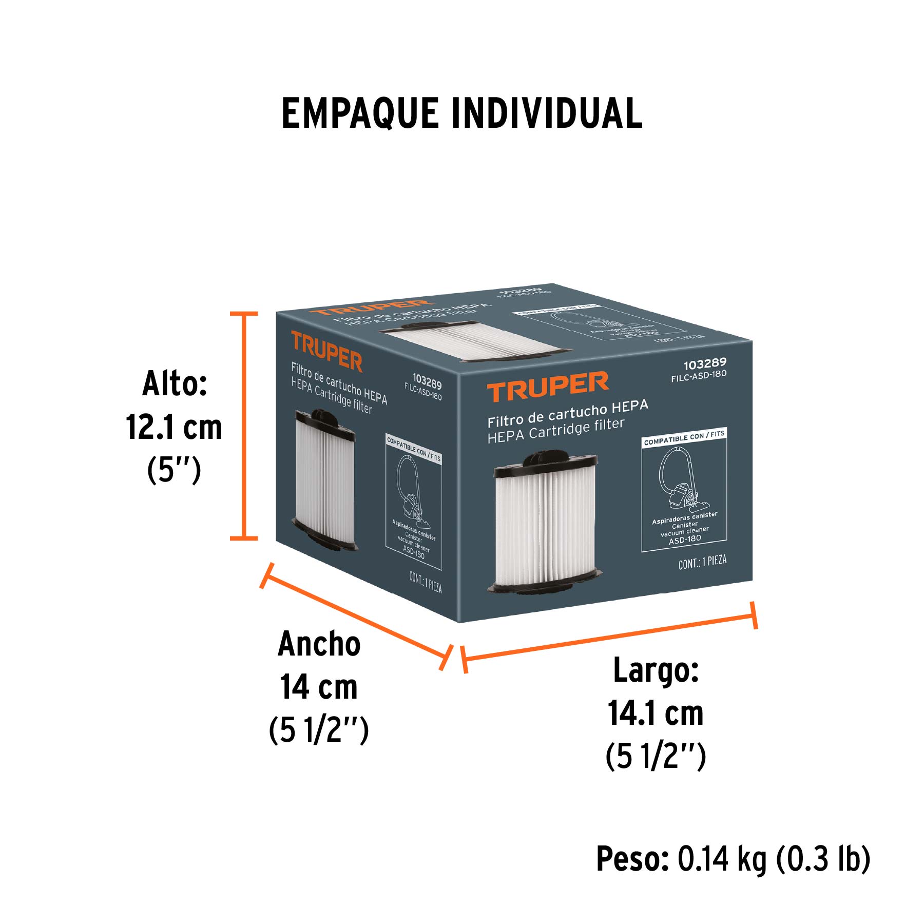 Filtro de cartucho HEPA para ASD-180, TRUPER - Empaque