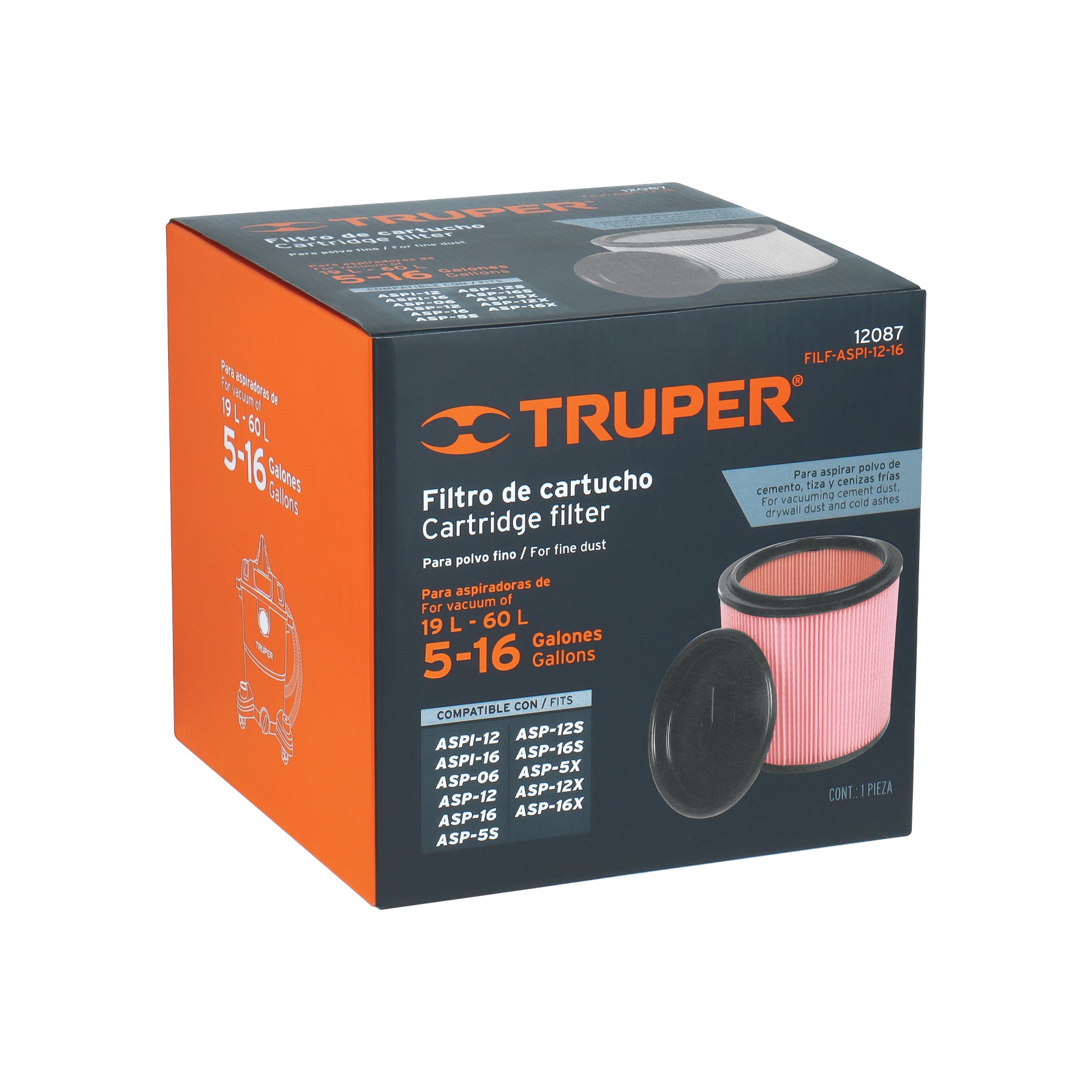 Filtro cartucho polvo fino, aspiradoras 12 y 16 gal, TRUPER