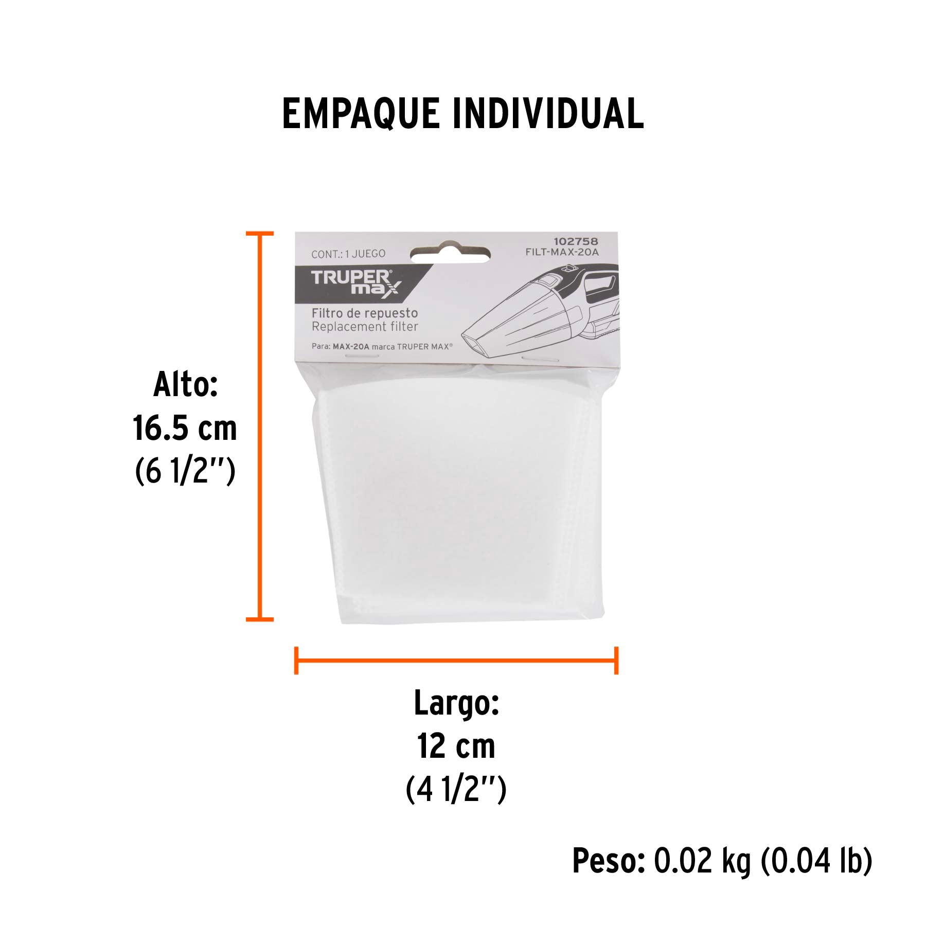 Bolsa con 5 filtros de tela para aspiradora MAX-20A - Empaque