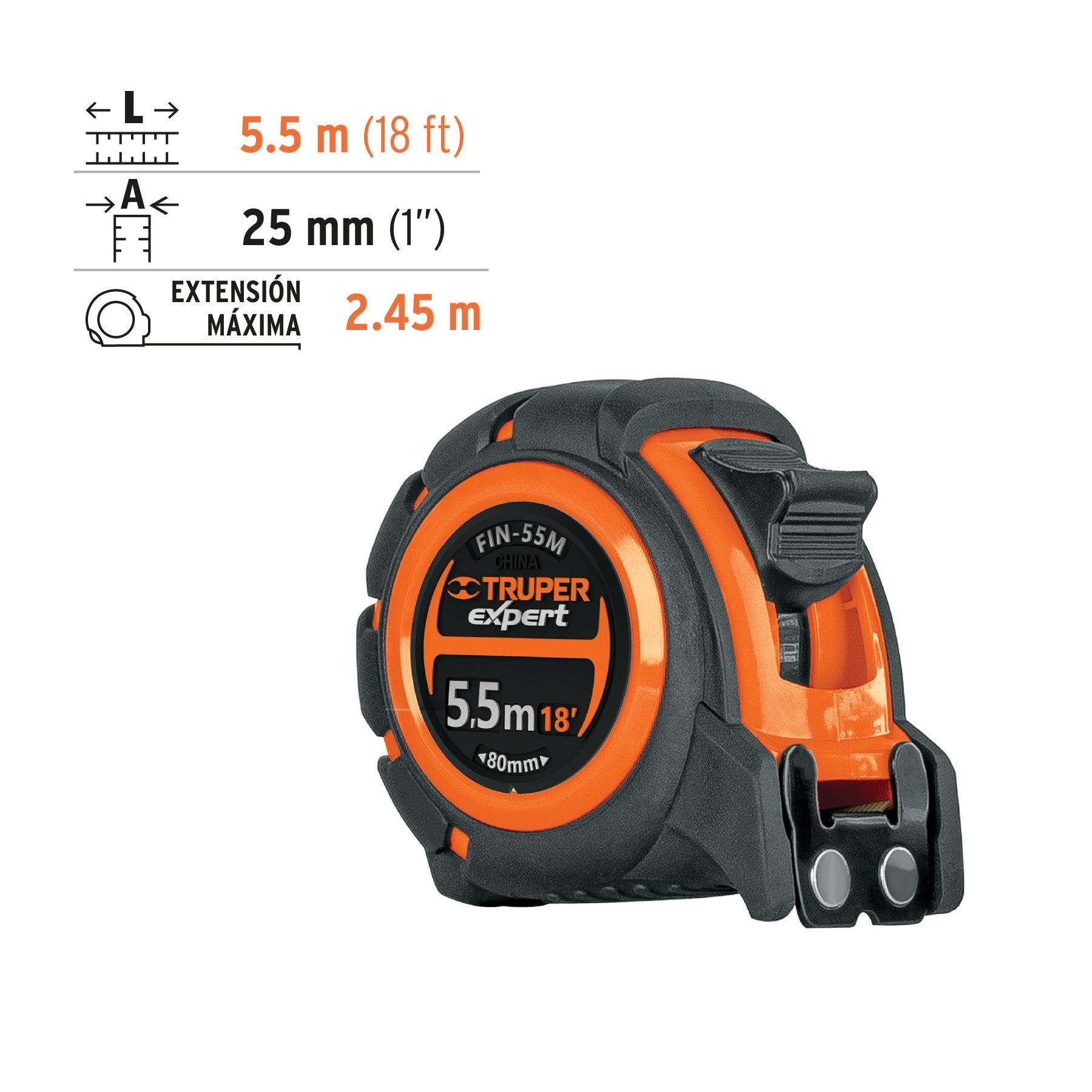 Flexómetro industrial contra impactos 5.5 m cinta 25 mm