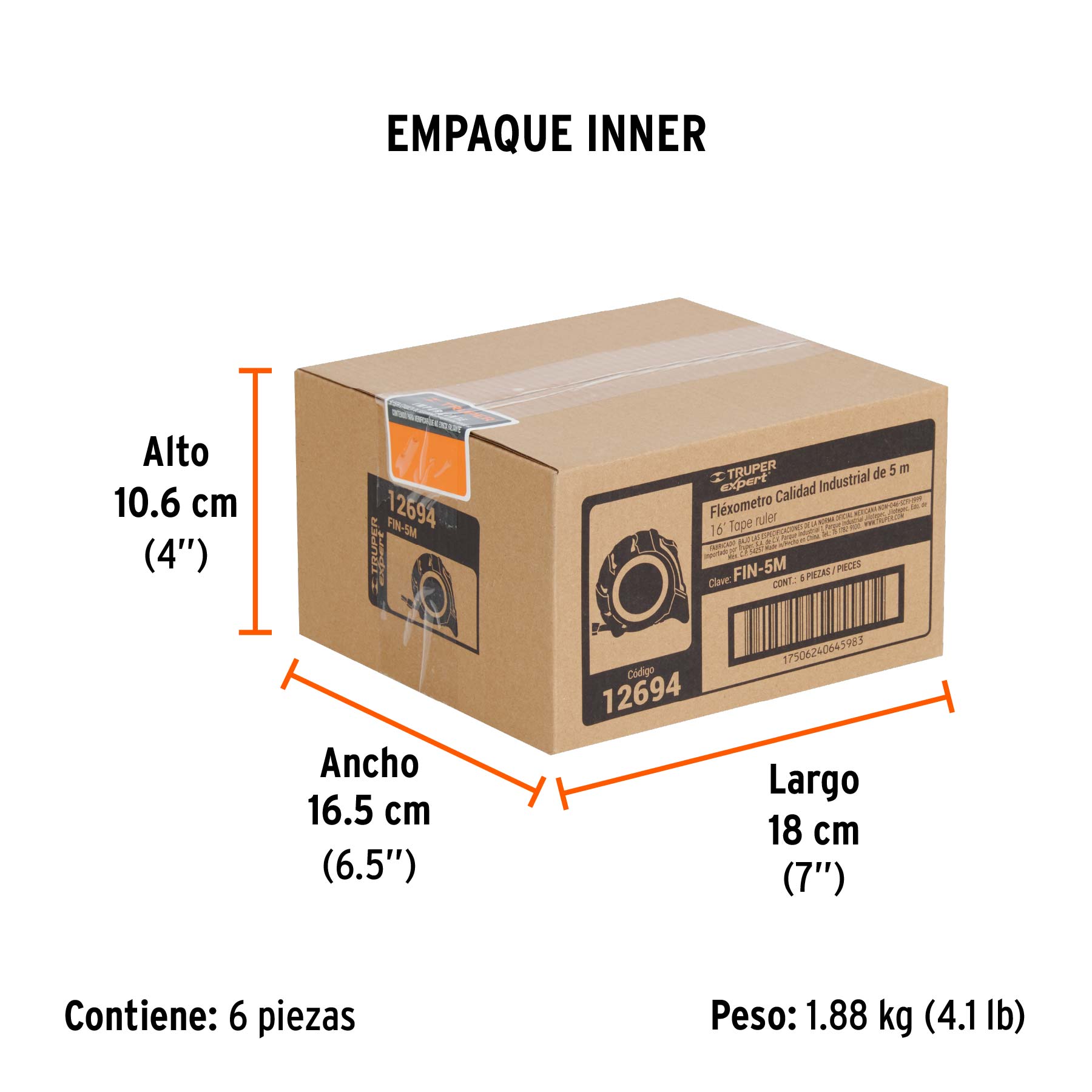 Flexómetro industrial contra impactos 5 m cinta 19 mm - Empaque