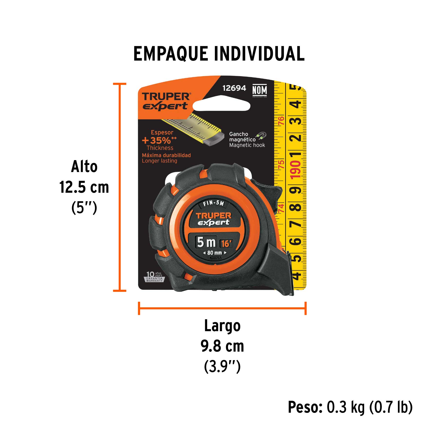 Flexómetro industrial contra impactos 5 m cinta 19 mm - Empaque