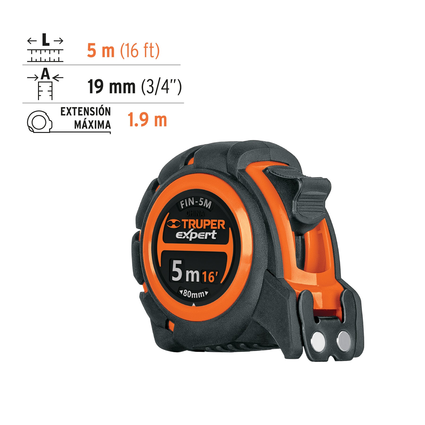 Flexómetro industrial contra impactos 5 m cinta 19 mm