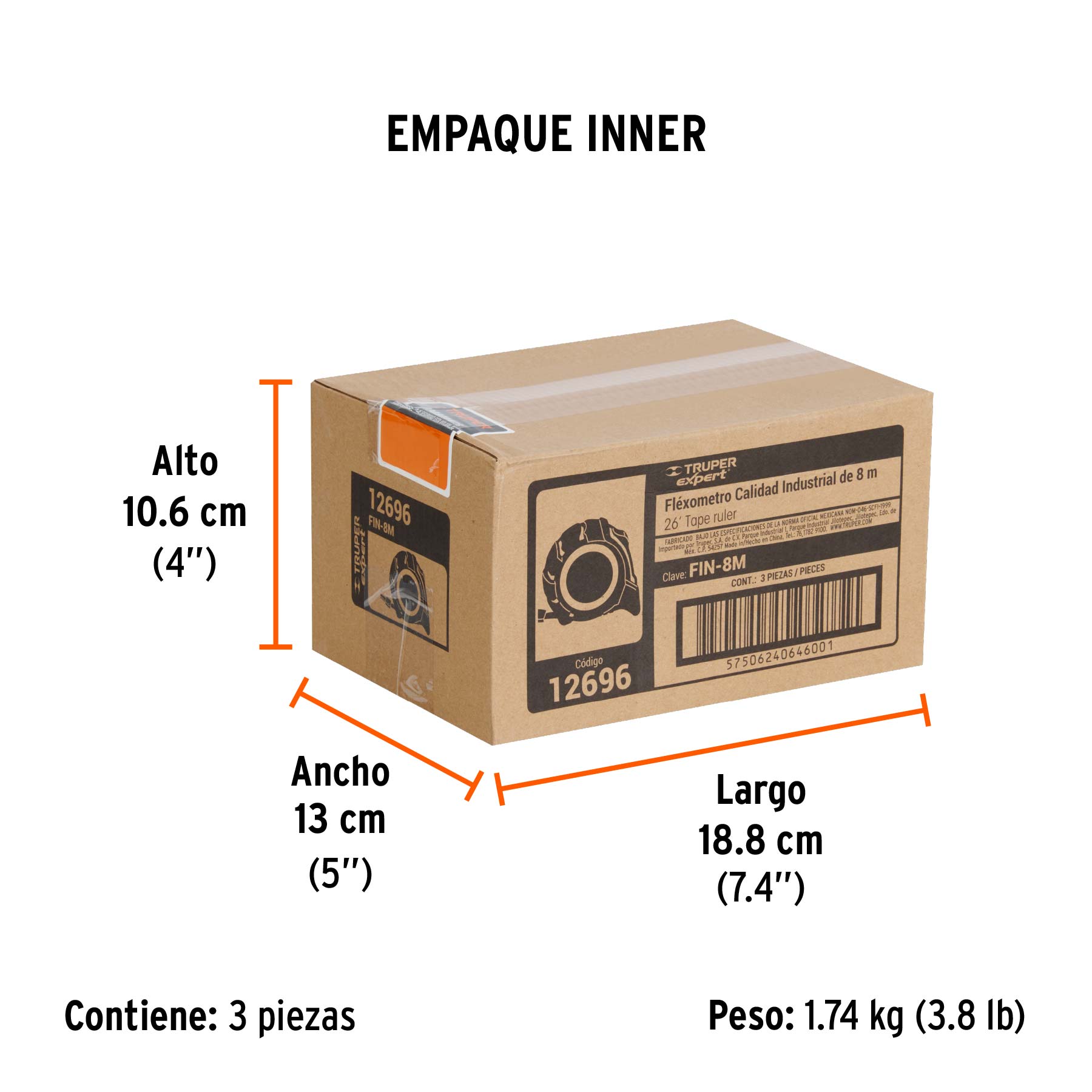 Flexómetro industrial contra impactos 8 m cinta 25 mm - Empaque