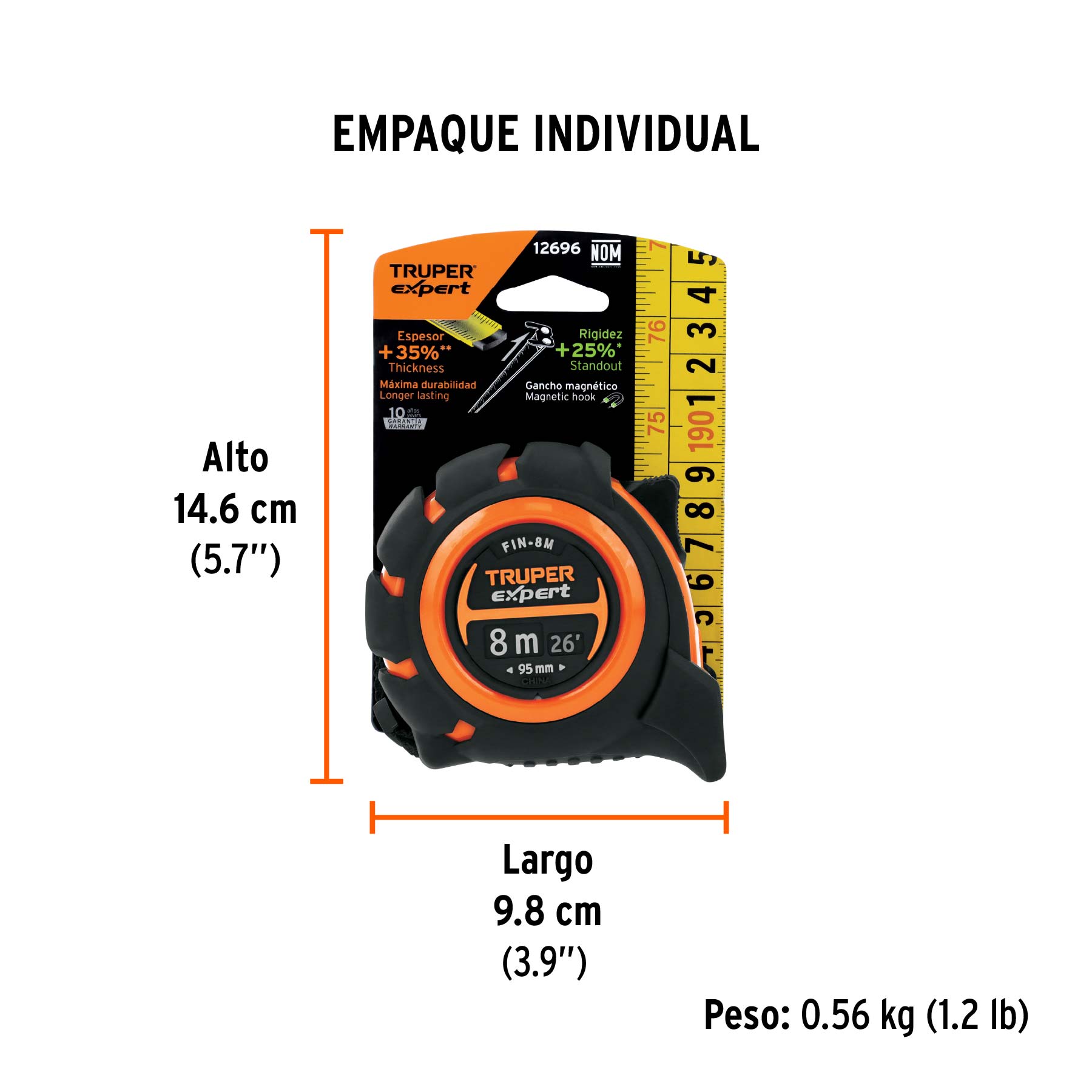 Flexómetro industrial contra impactos 8 m cinta 25 mm - Empaque