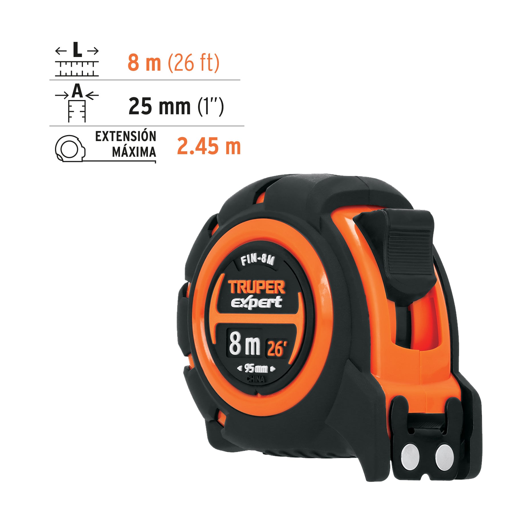 Flexómetro industrial contra impactos 8 m cinta 25 mm