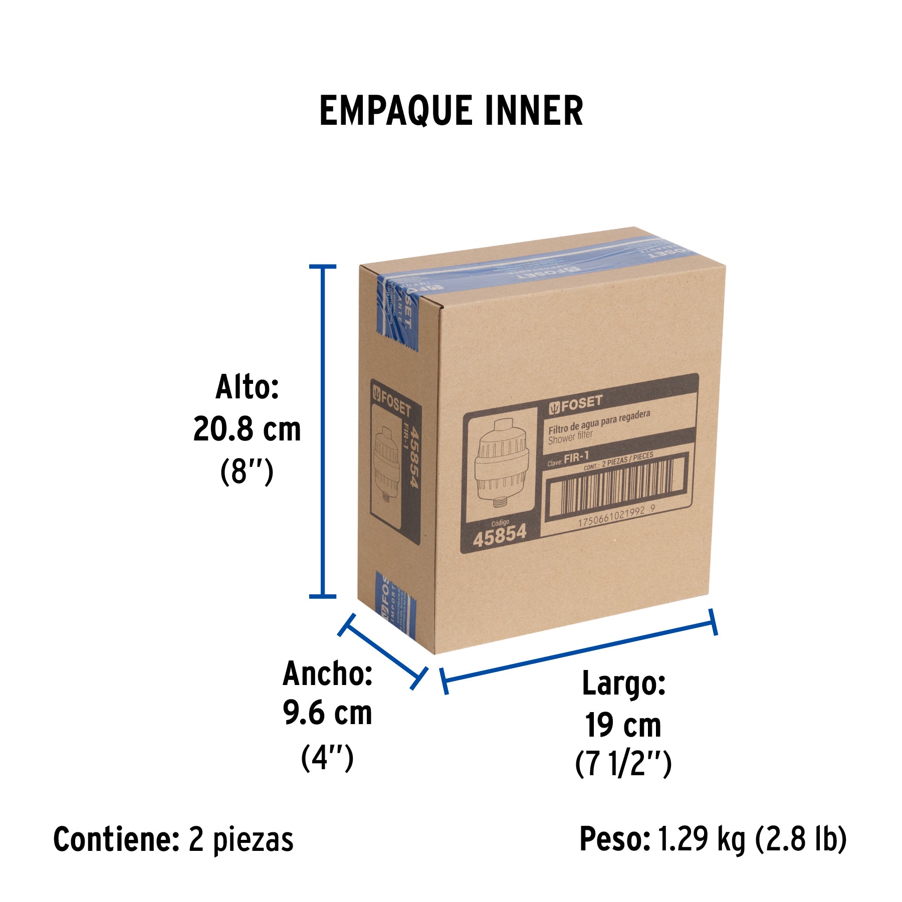 Filtro de agua para regadera con cartucho, FOSET - Empaque