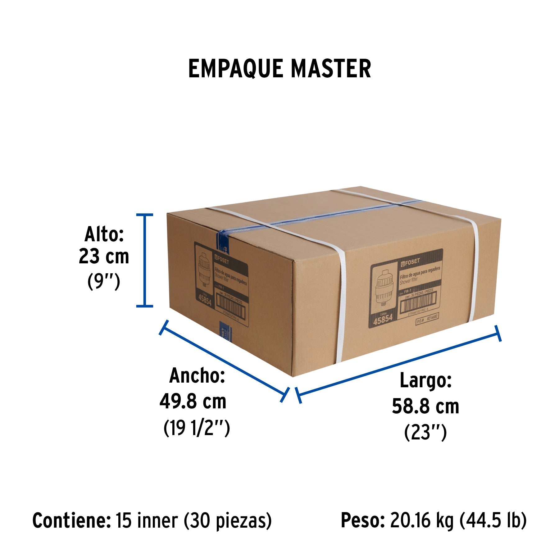 Filtro de agua para regadera con cartucho, FOSET - Empaque