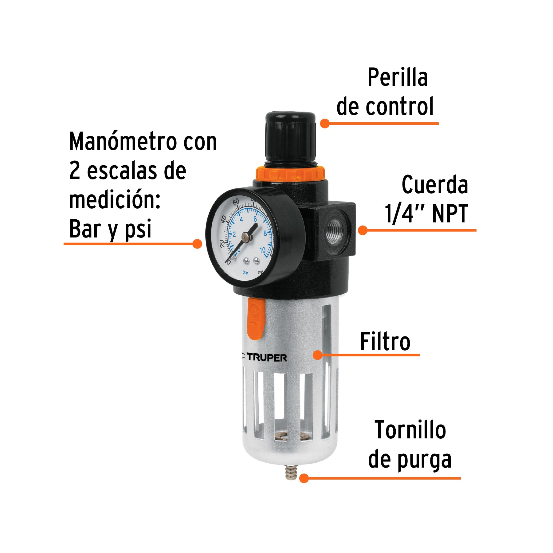 Filtro y regulador, presión de aire, cuerda 1/4" NPT, TRUPER