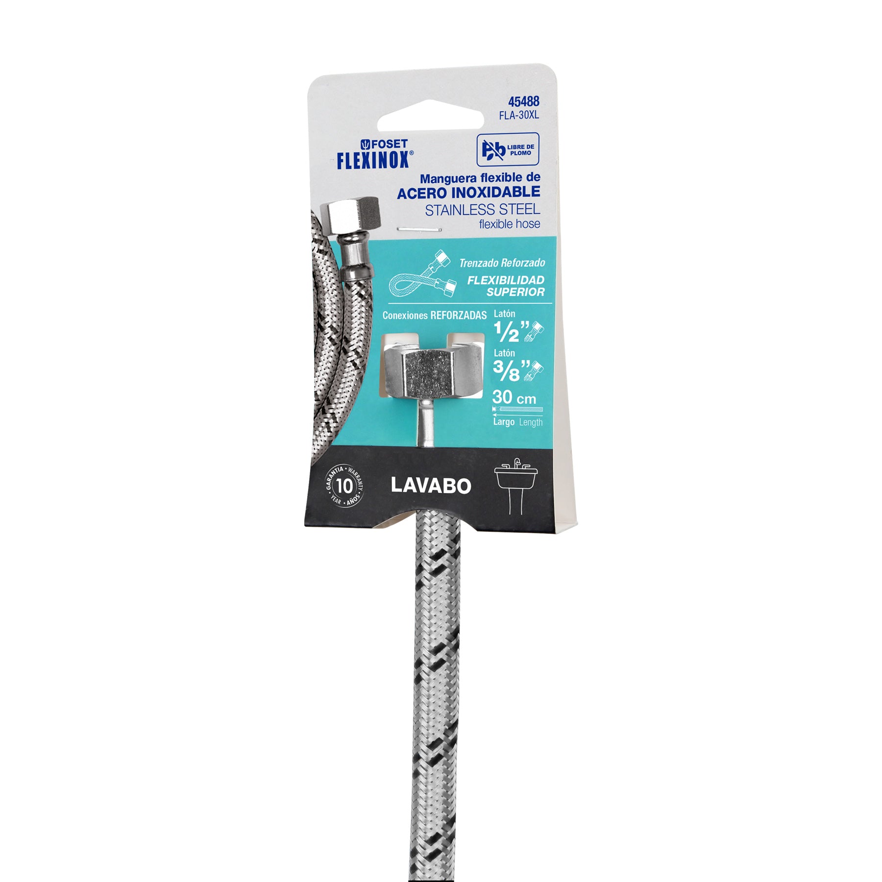 Manguera lavabo/fregadero, acero inox, 1/2" x 3/8", 30 cm