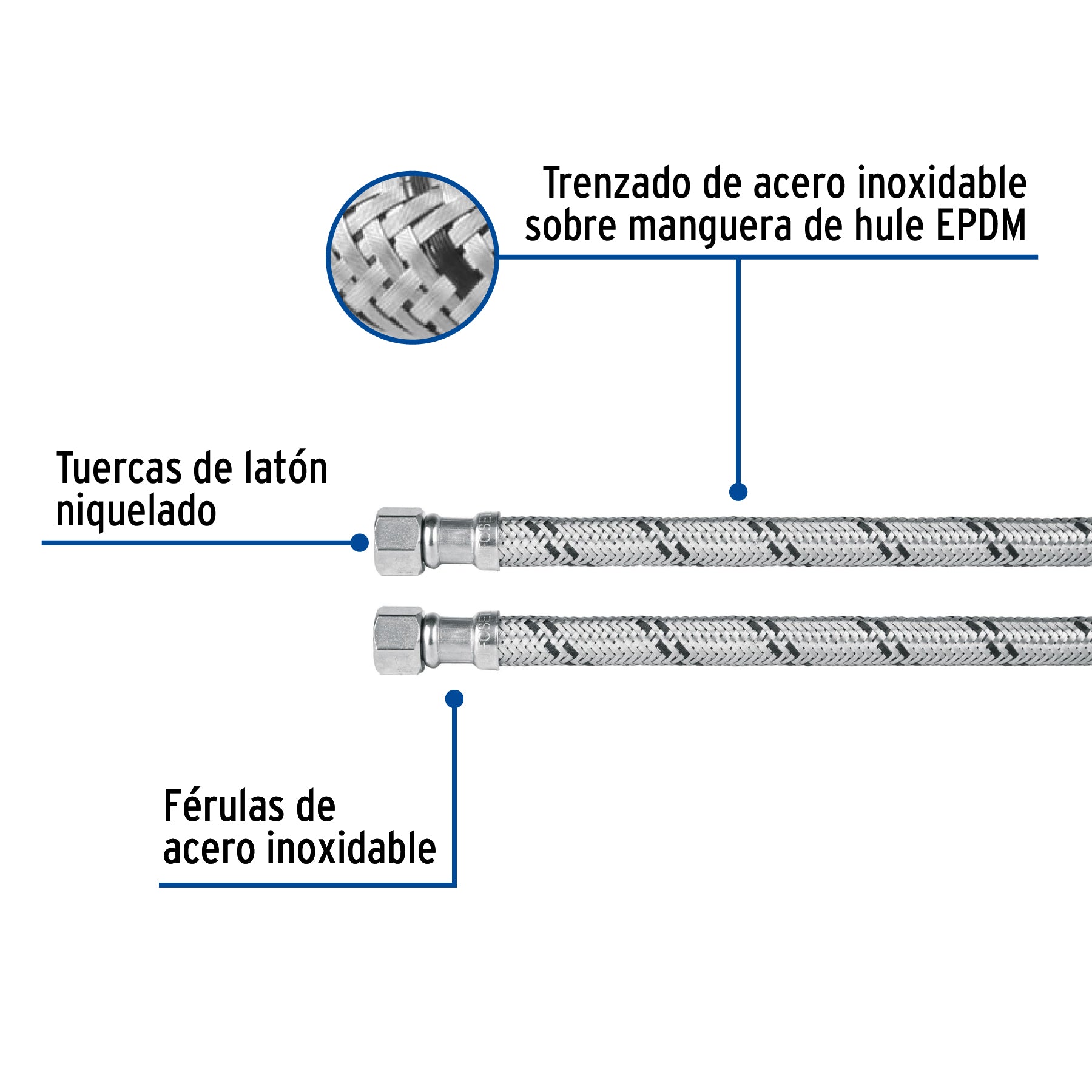 Manguera lavabo/fregadero, acero inox, 1/2" x 3/8", 30 cm