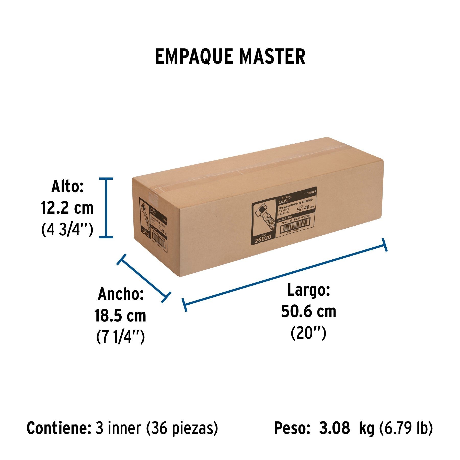 Manguera lavabo/fregadero, aluminio, 1/2"x1/2",40 cm, BASIC - Empaque