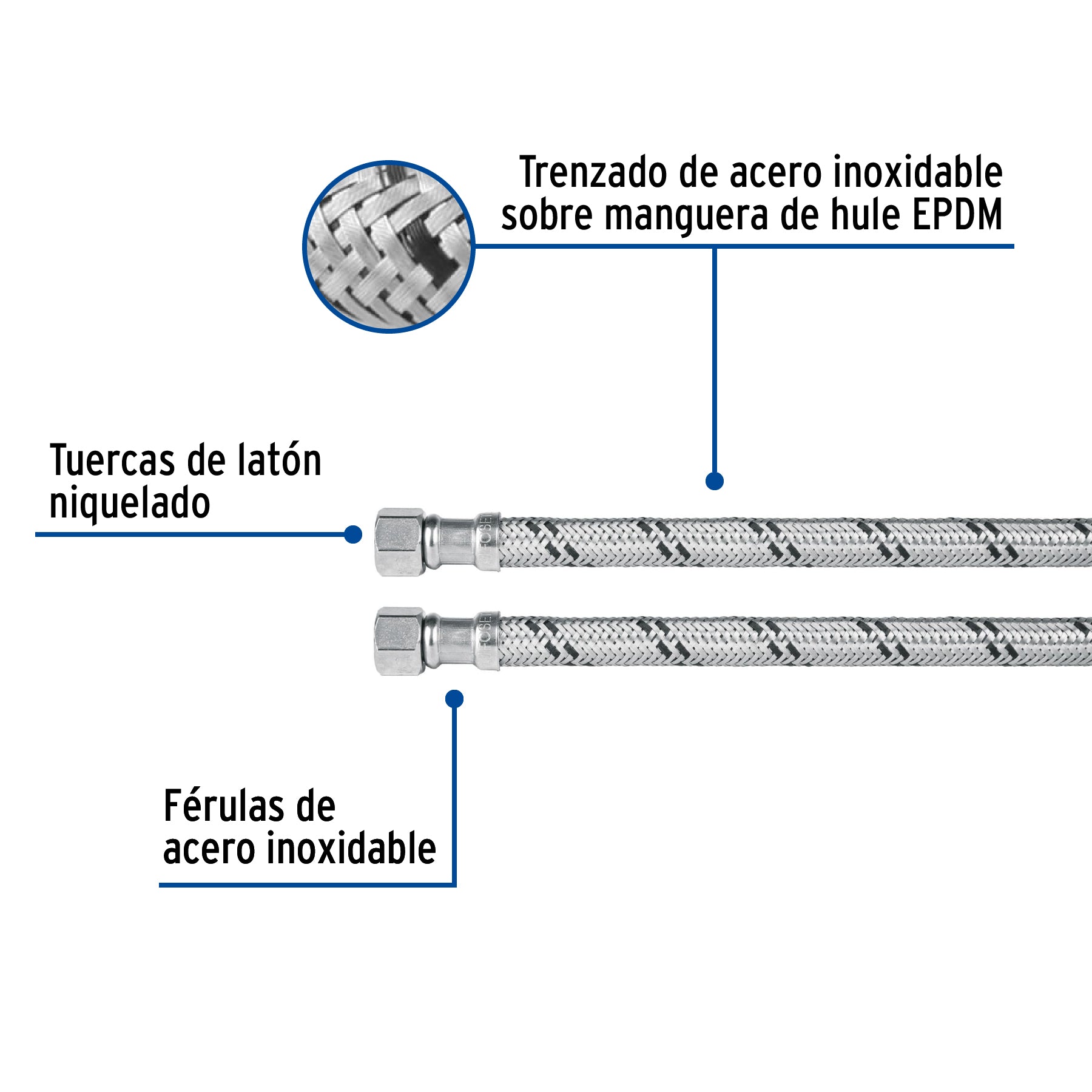 Manguera lavabo/fregadero, acero inox, 1/2" x 3/8", 40 cm