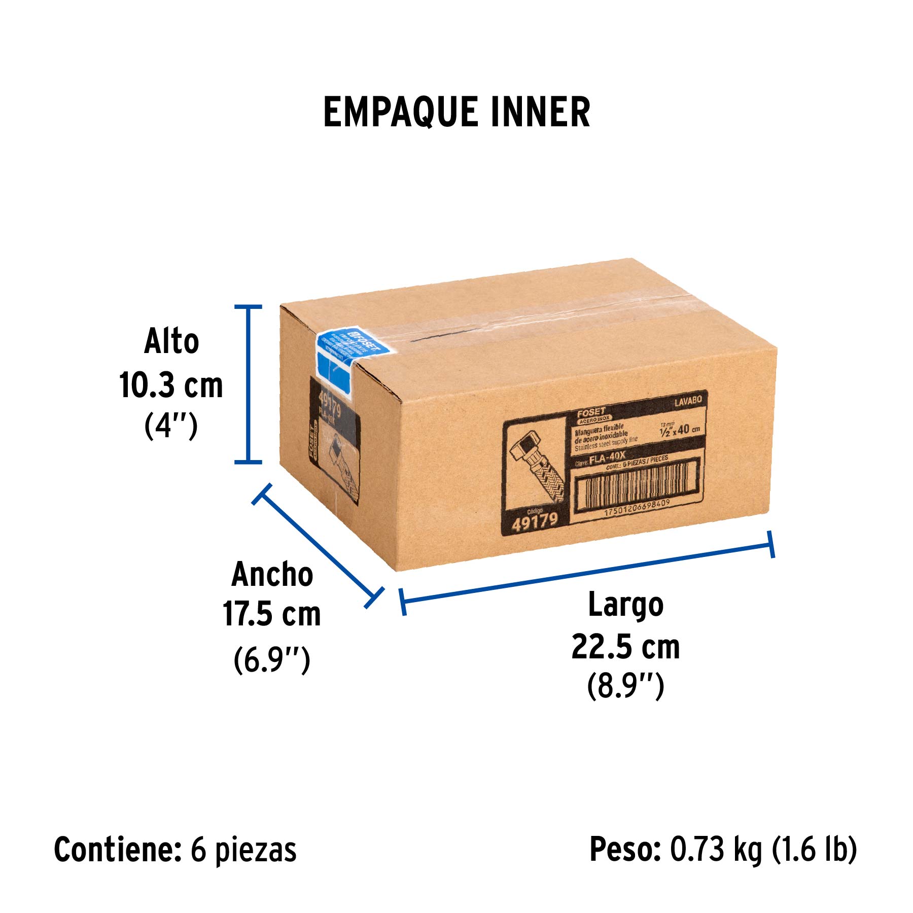 Manguera lavabo/fregadero, acero inox, 1/2" x 1/2", 40 cm - Empaque
