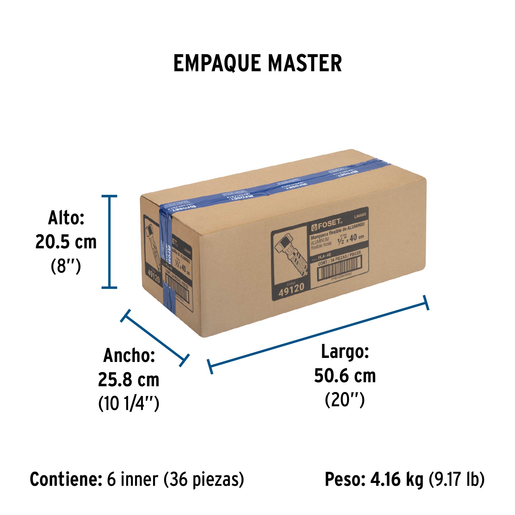 Manguera para lavabo/fregadero, aluminio, 1/2" x 1/2", 40 cm - Empaque