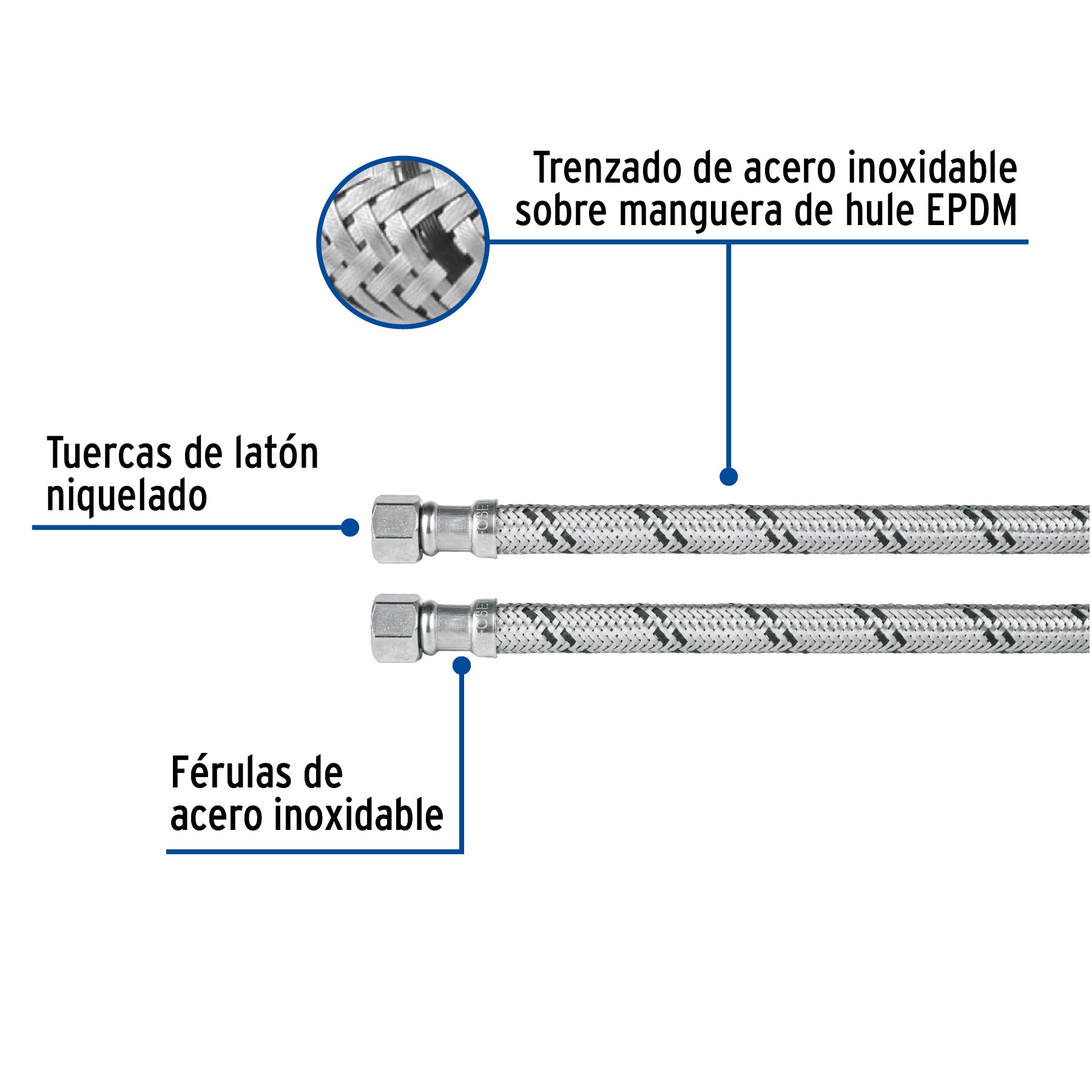 Manguera lavabo/fregadero, acero inox, 1/2" x 3/8", 55 cm