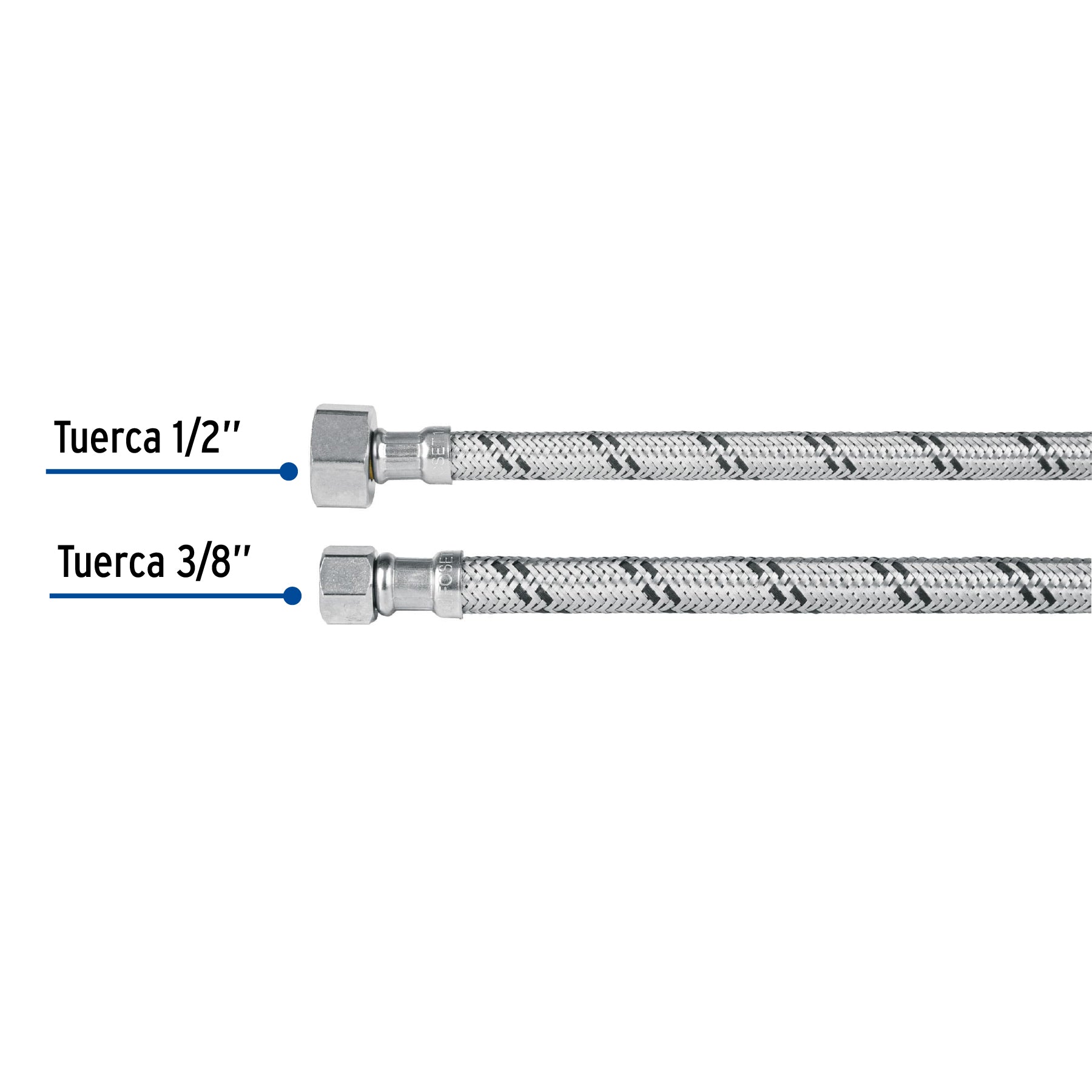Manguera lavabo/fregadero, acero inox, 1/2" x 3/8", 55 cm