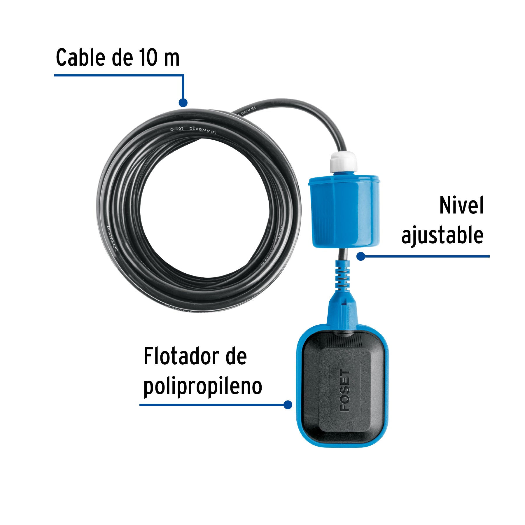 Flotador eléctrico con cable de 10 m, 10 A, FOSET