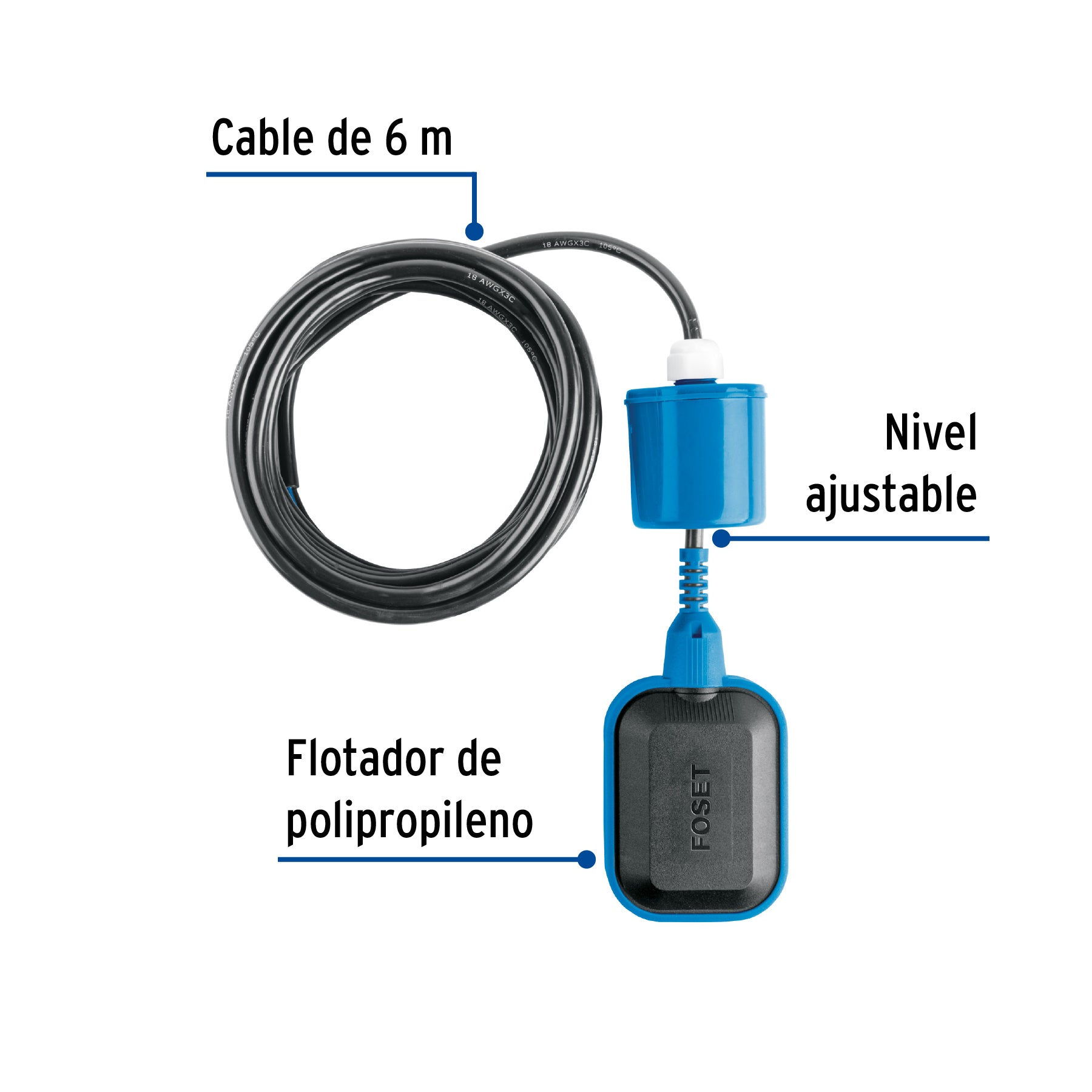 Flotador eléctrico con cable de 6 m, 10 A, FOSET