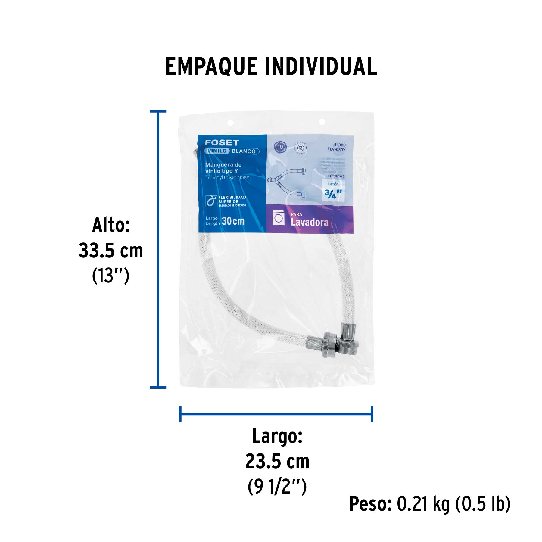 Manguera para lavadora, vinilo, tipo Y de 30cm, FOSET - Empaque