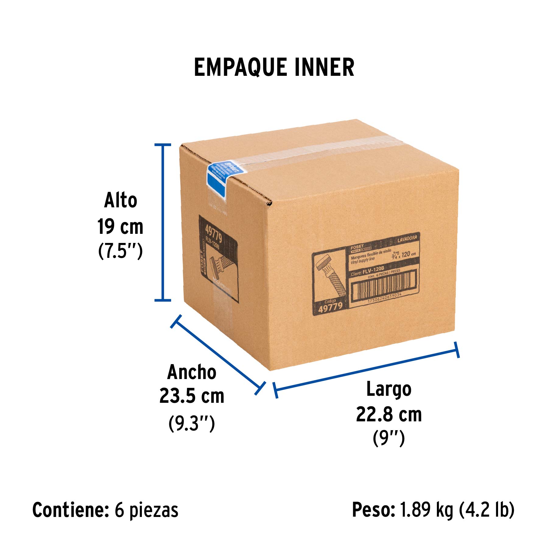Manguera para lavadora, vinilo, 3/4" x 3/4", 1.2 m, FOSET - Empaque