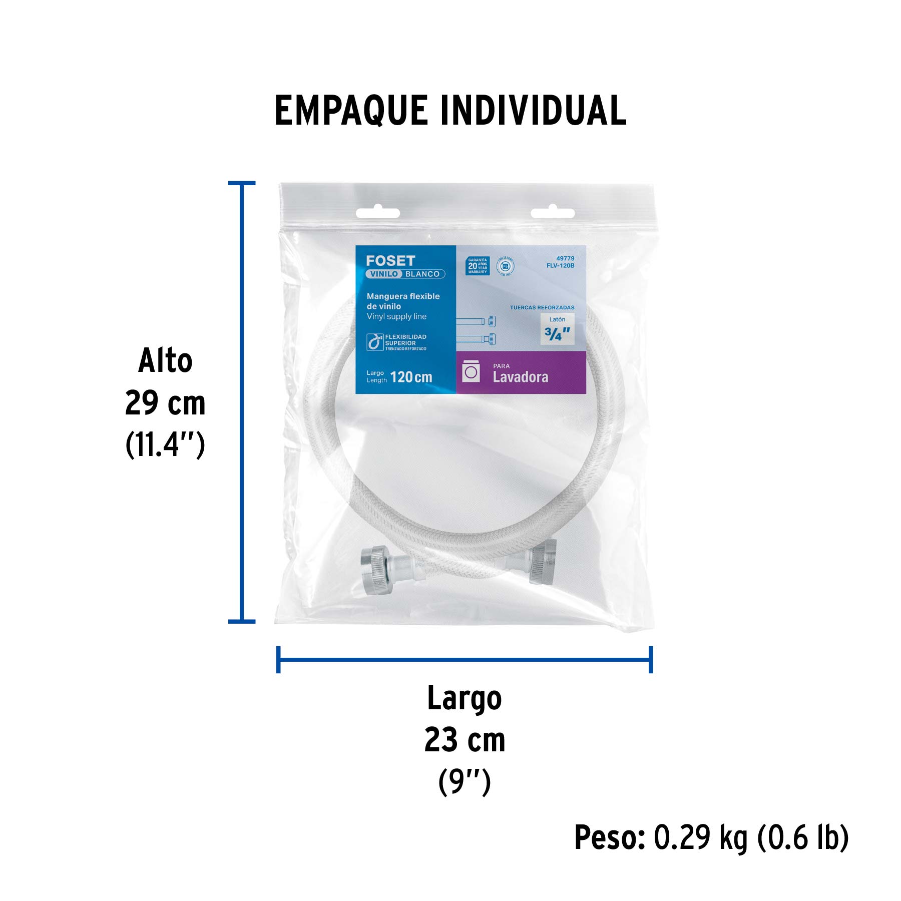 Manguera para lavadora, vinilo, 3/4" x 3/4", 1.2 m, FOSET - Empaque