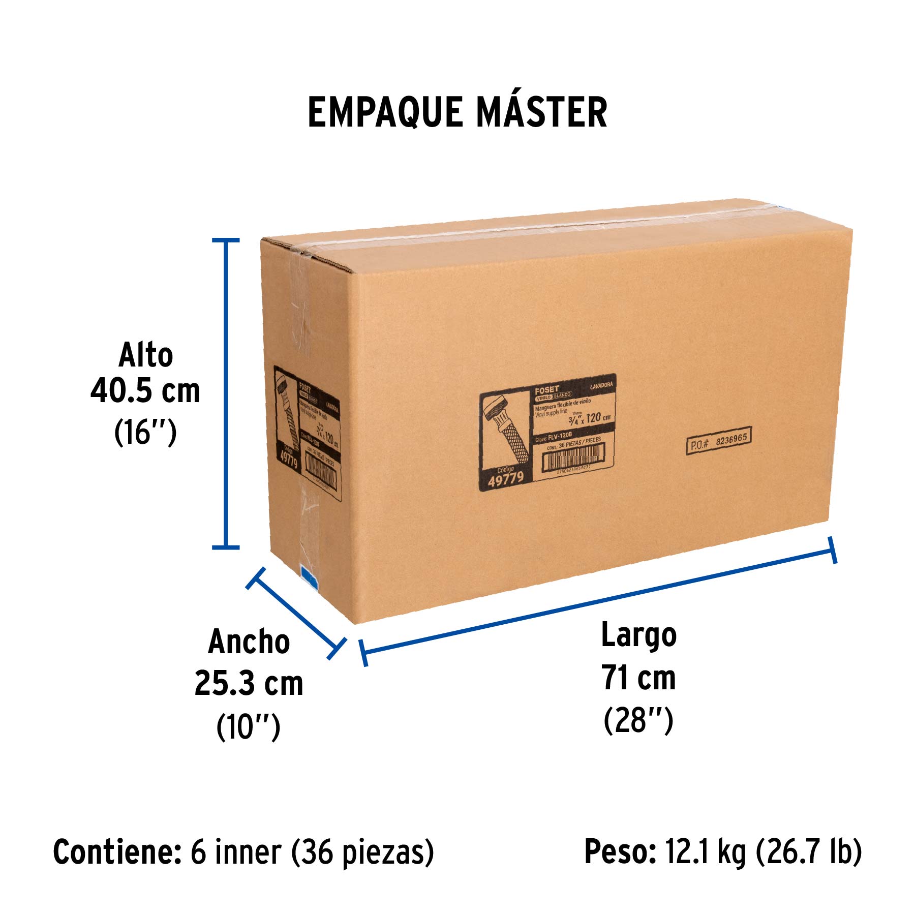 Manguera para lavadora, vinilo, 3/4" x 3/4", 1.2 m, FOSET - Empaque