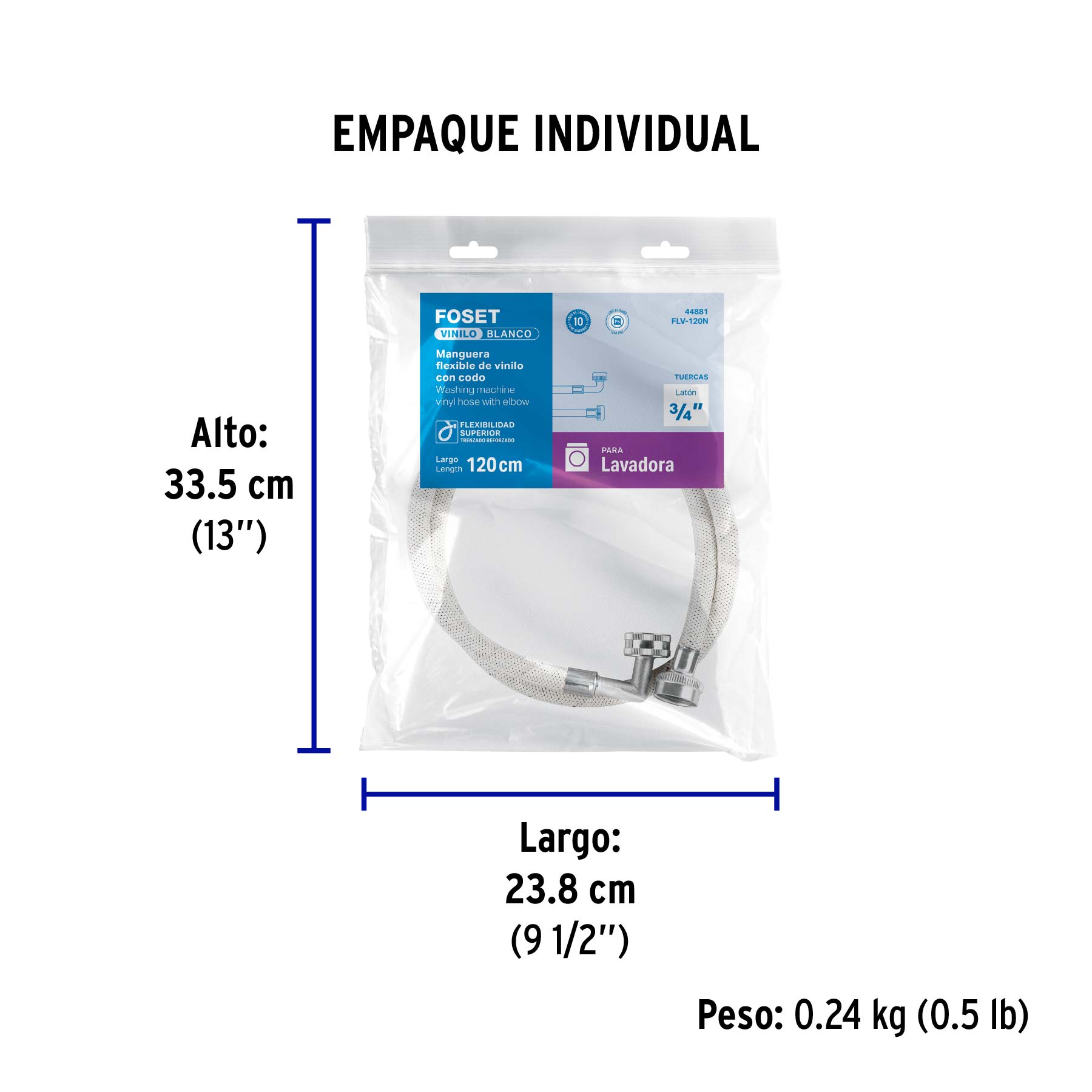 Manguera para lavadora, vinilo, c/codo 90, FOSET - Empaque
