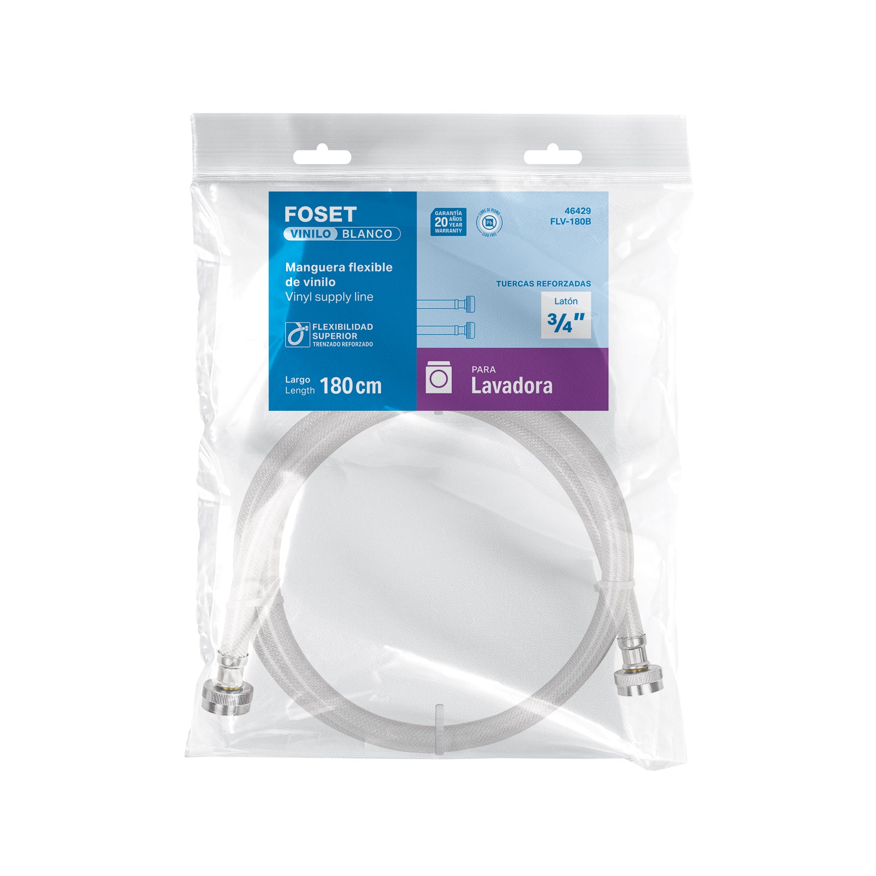 Manguera para lavadora, vinilo, 3/4" x 3/4", 1.8 m, FOSET