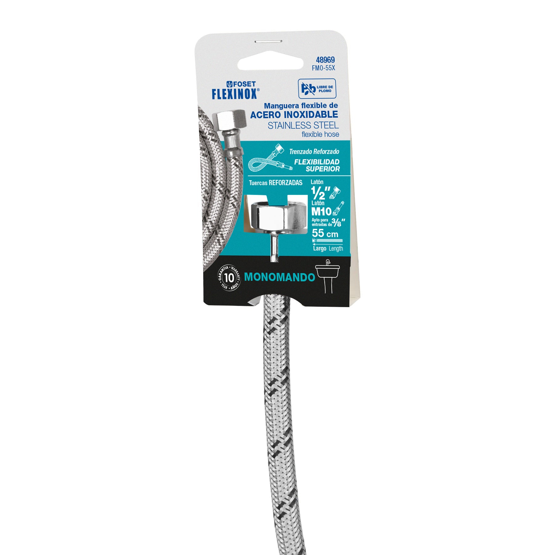 Manguera para monomando, acero inox, 1/2"x M10, 55 cm