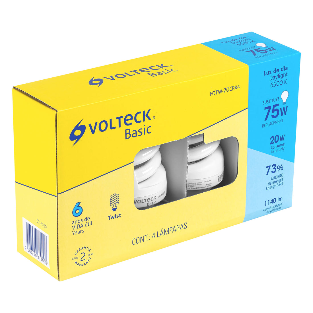 Pack de 4 lámparas espiral T4 20 W luz de día, caja, VOLTECK