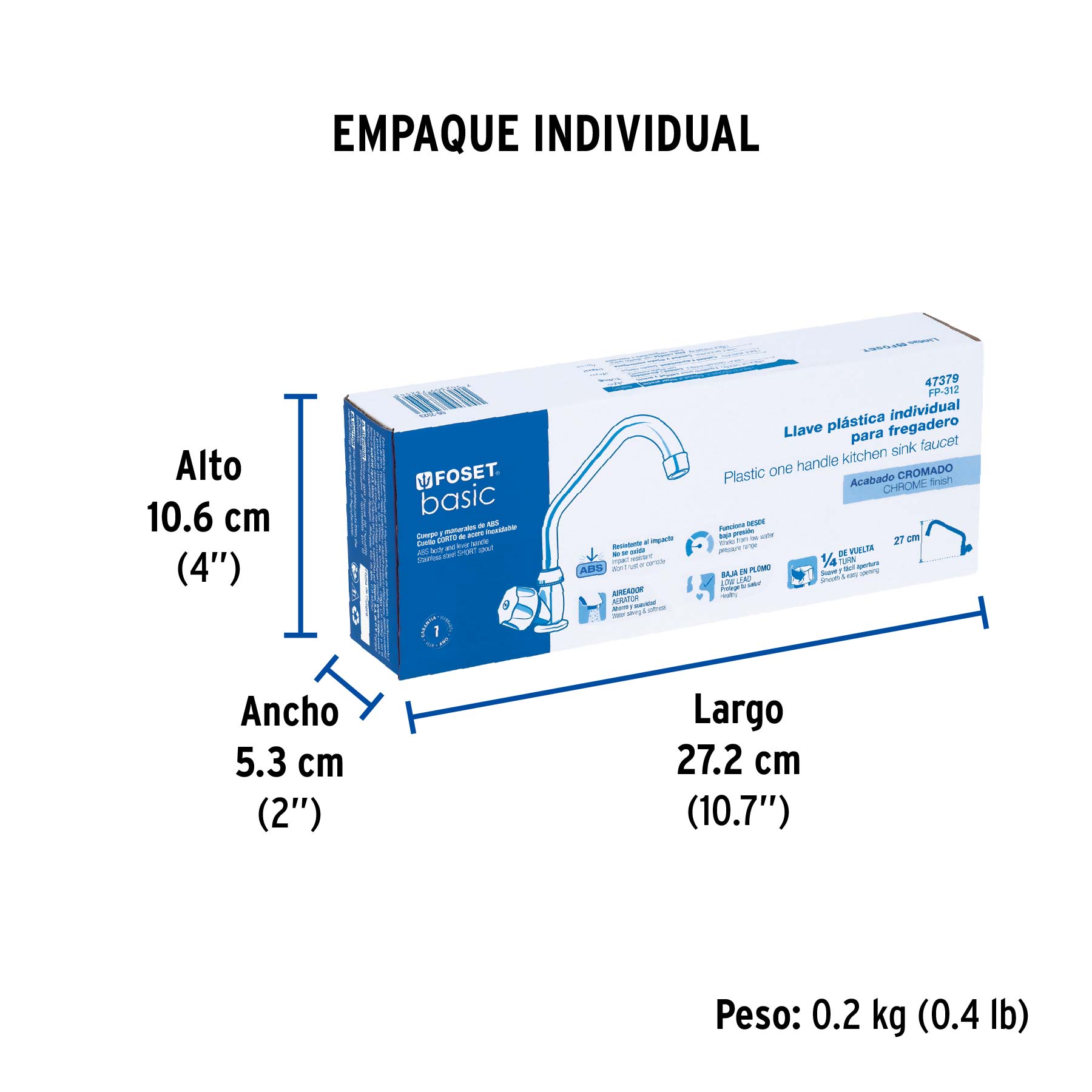 Llave individual fregadero,ABS,cuello corto,hexagonal, BASIC - Empaque