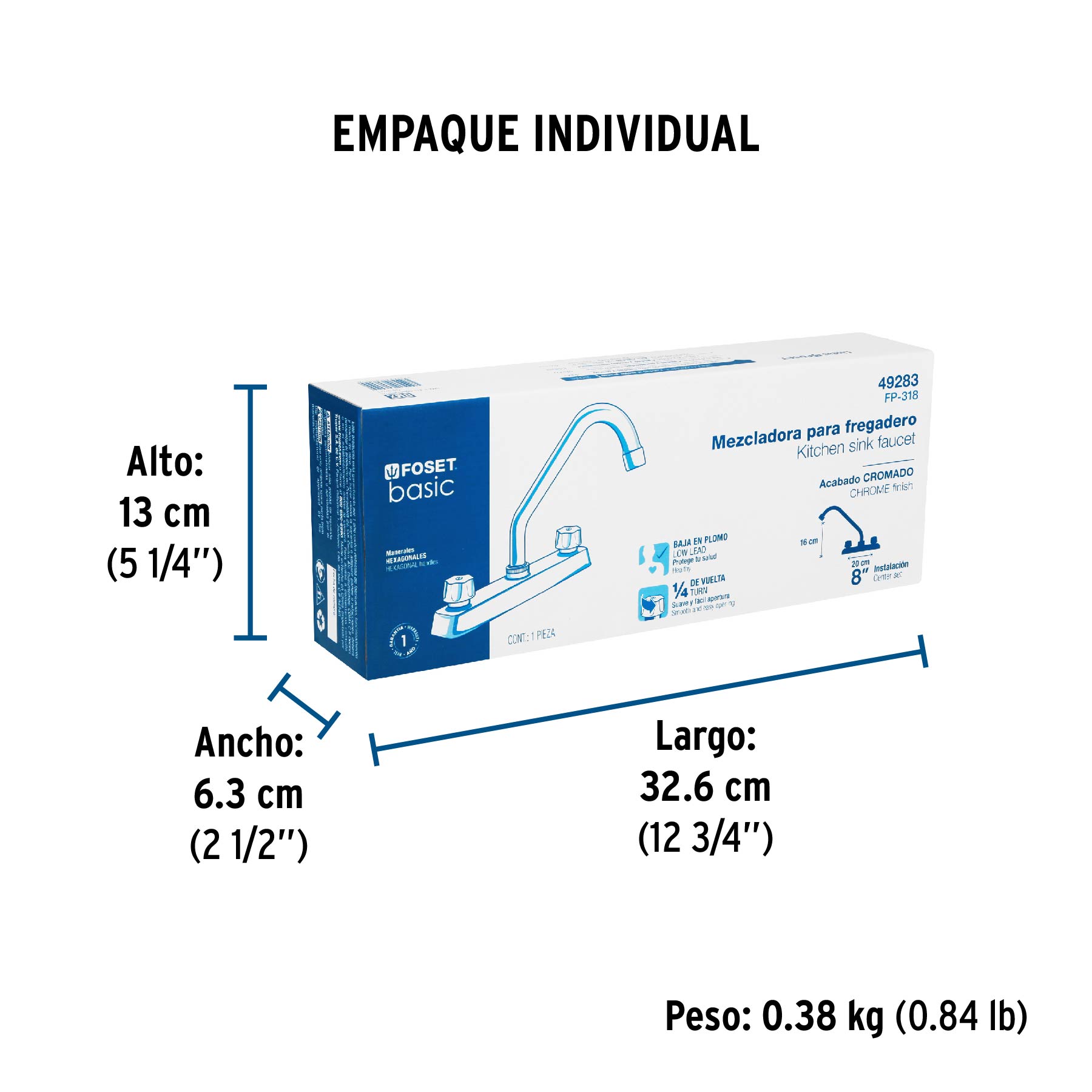 Mezcladora 8" fregadero, ABS, cuello largo, hexagonal, BASIC - Empaque