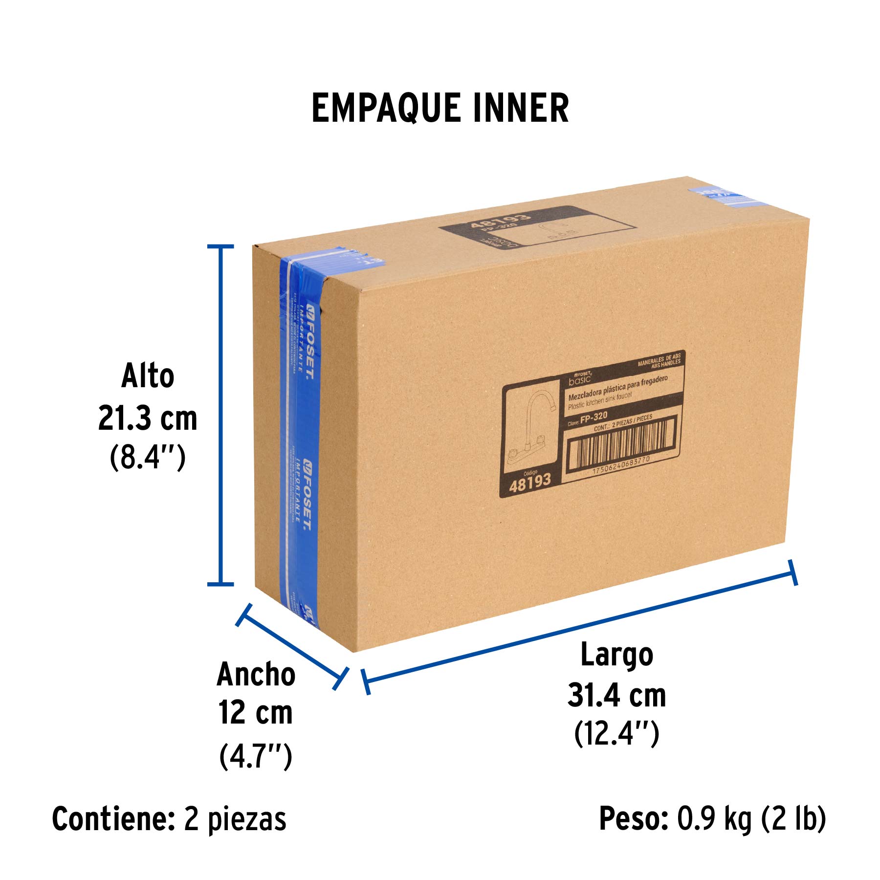Mezcladora 8" fregadero, ABS, cuello curvo, hexagonal, BASIC - Empaque