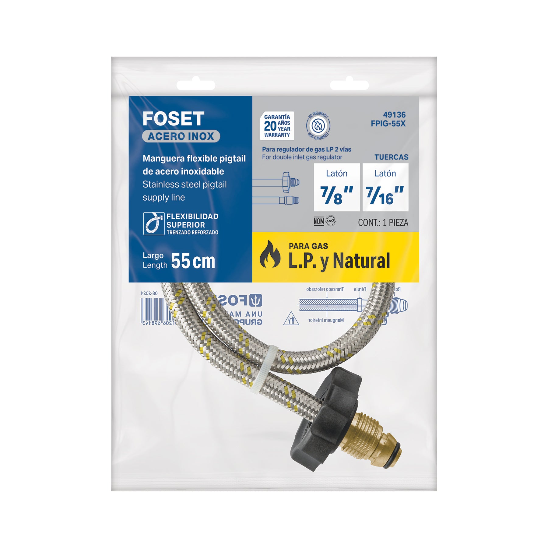 Manguera pigtail, acero inox, 7/16" x 7/8", 55 cm, FOSET