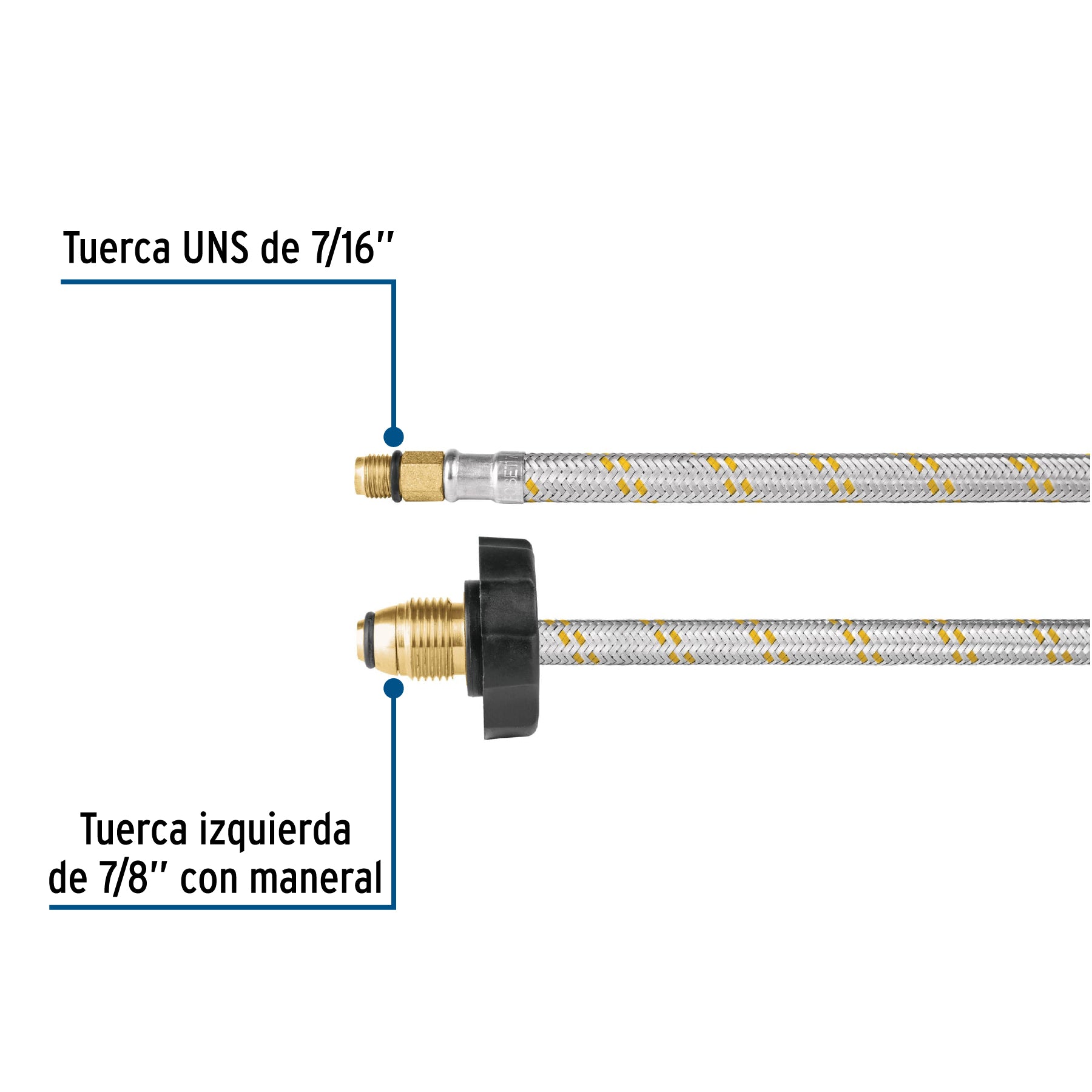 Manguera pigtail, acero inox, 7/16" x 7/8", 55 cm, FOSET