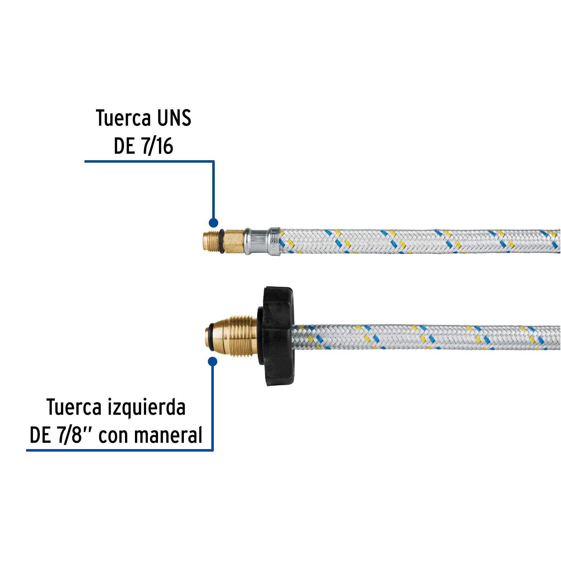 Manguera pigtail, aluminio, 7/16" x 7/8", 55 cm, FOSET