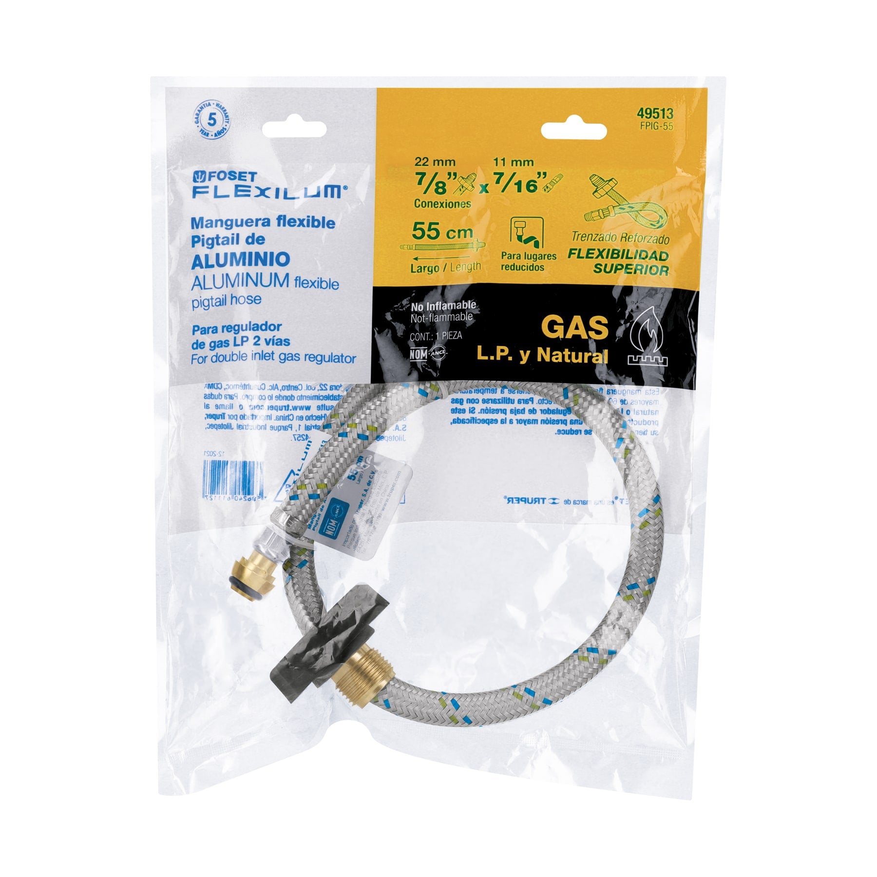 Manguera pigtail, aluminio, 7/16" x 7/8", 55 cm, FOSET